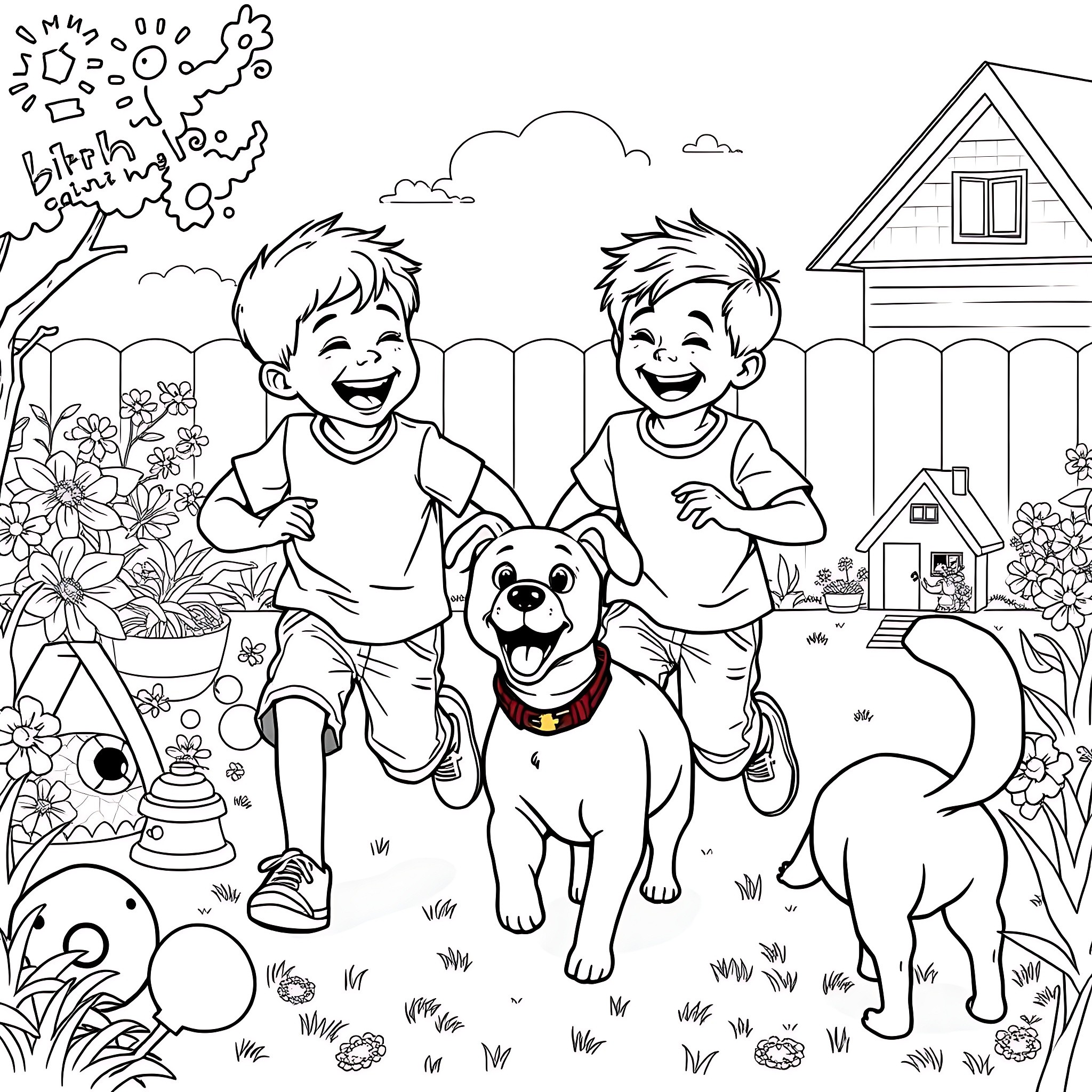 Boy joyfully playing with dog in backyard garden Coloring Page (free black-and-white line drawing printable PDF for all, from beginners to advanced learners, including children, teens, adults, and seniors)