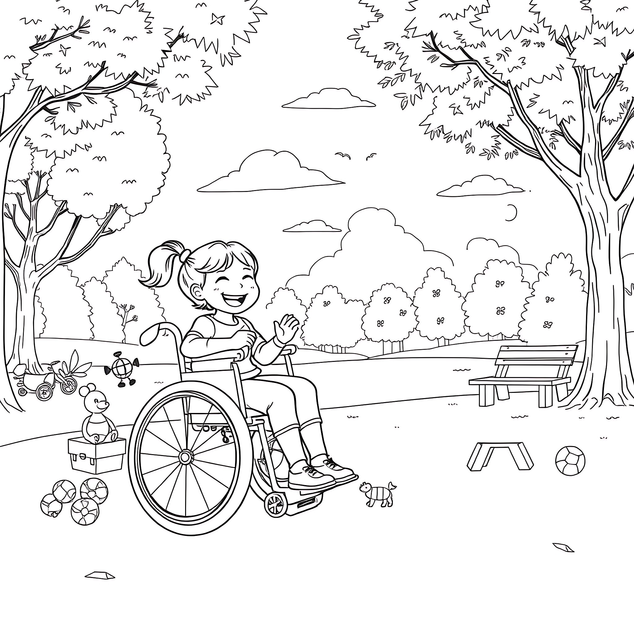Girl in wheelchair playing with toys in the park Coloring Page (free black-and-white line drawing printable PDF for all, from beginners to advanced learners, including children, teens, adults, and seniors)