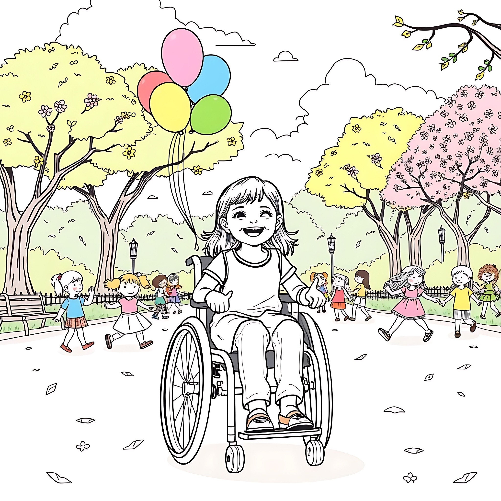 Girl in wheelchair enjoys park with colorful balloons Coloring Page (free black-and-white line drawing printable PDF for all, from beginners to advanced learners, including children, teens, adults, and seniors)