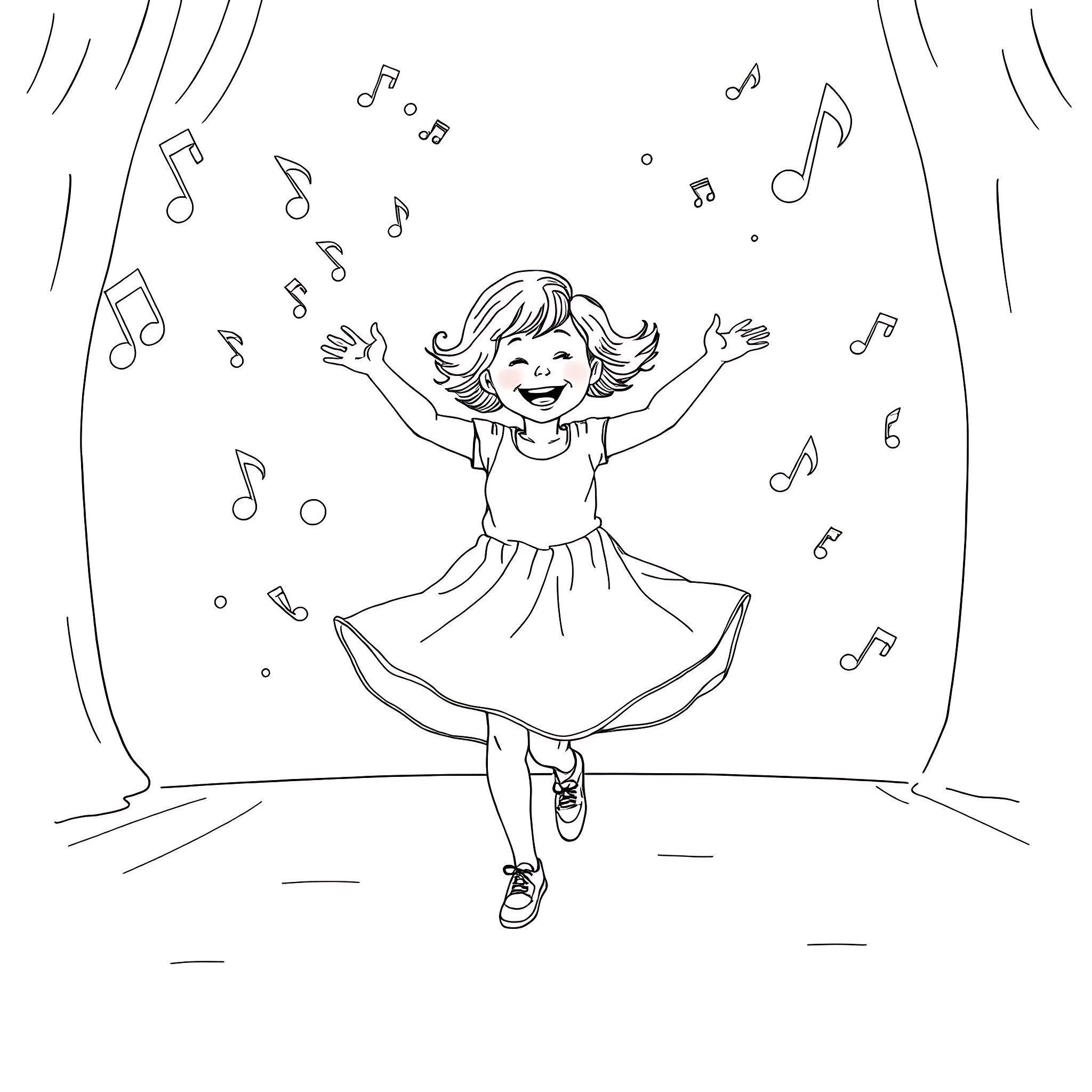 Kid Dancing Happily with Musical Notes Coloring Page (free black-and-white line drawing printable PDF for all, from beginners to advanced learners, including children, teens, adults, and seniors)