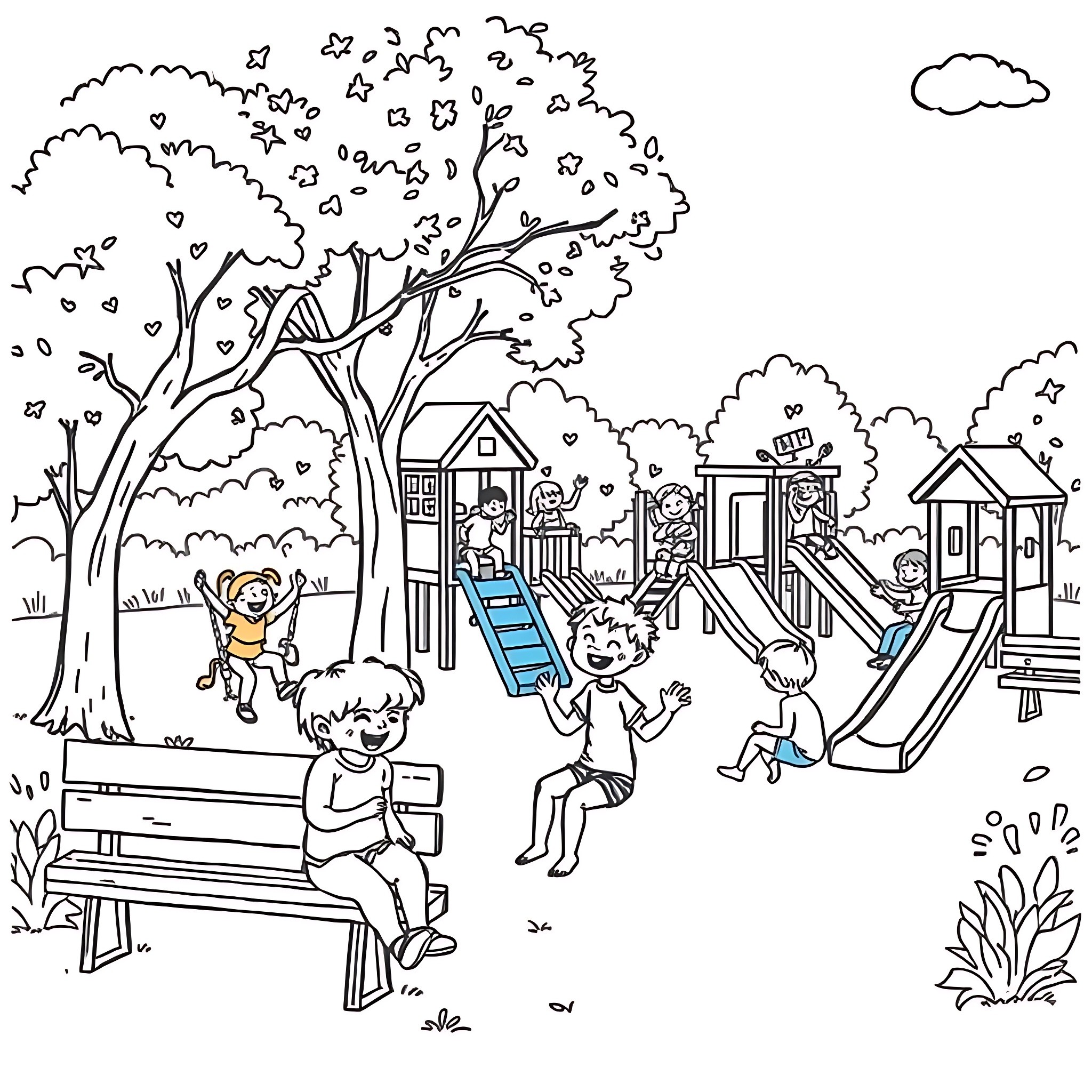Kid playing happily at the playground Coloring Page (free black-and-white line drawing printable PDF for all, from beginners to advanced learners, including children, teens, adults, and seniors)