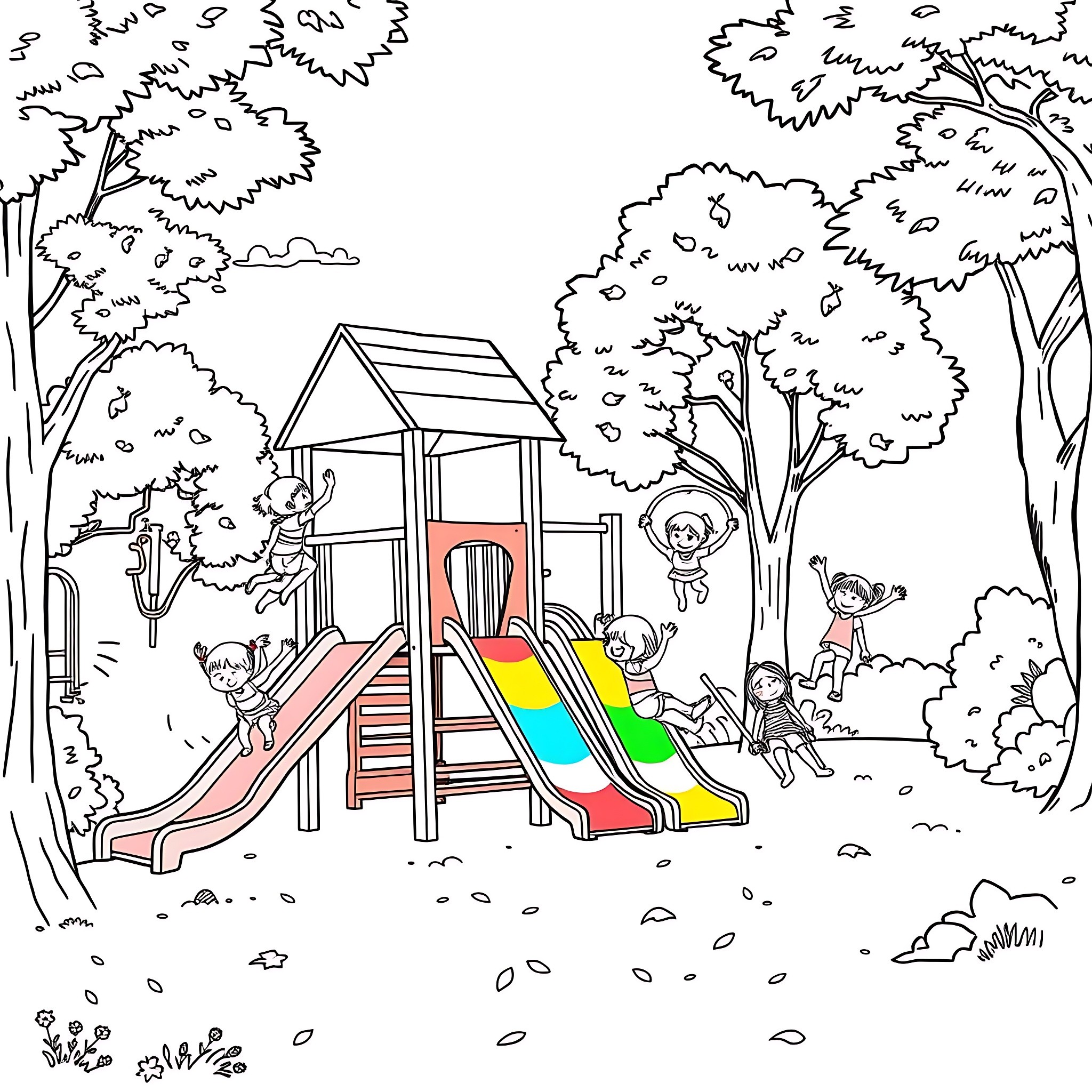 Kid playing joyfully on colorful playground equipment Coloring Page (free black-and-white line drawing printable PDF for all, from beginners to advanced learners, including children, teens, adults, and seniors)