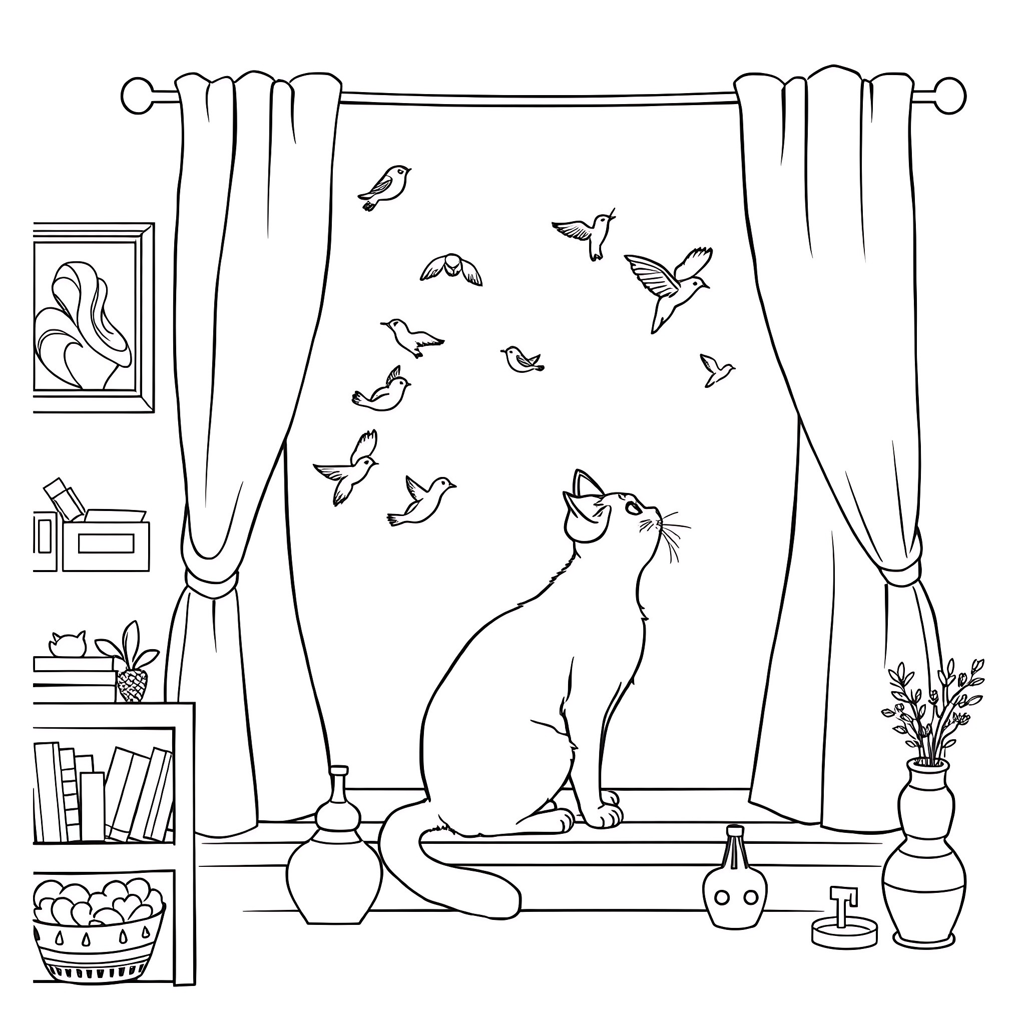Cat watching butterflies in the room Coloring Page (free black-and-white line drawing printable PDF for all, from beginners to advanced learners, including children, teens, adults, and seniors)