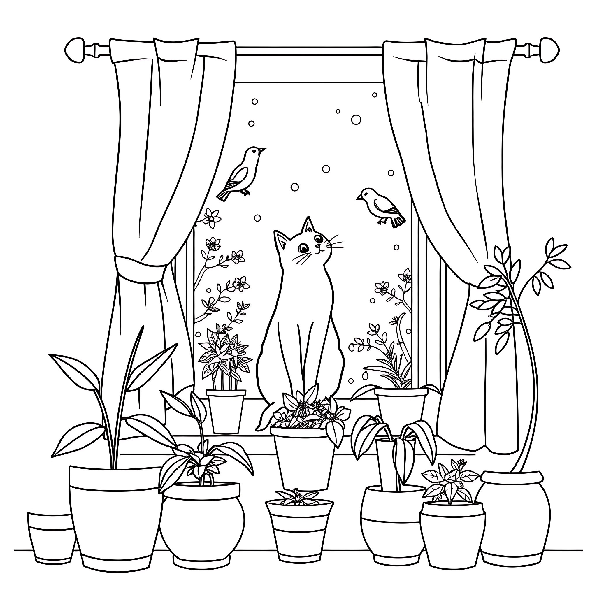 Cat in a cozy home with indoor plants and birds Coloring Page (free black-and-white line drawing printable PDF for all, from beginners to advanced learners, including children, teens, adults, and seniors)