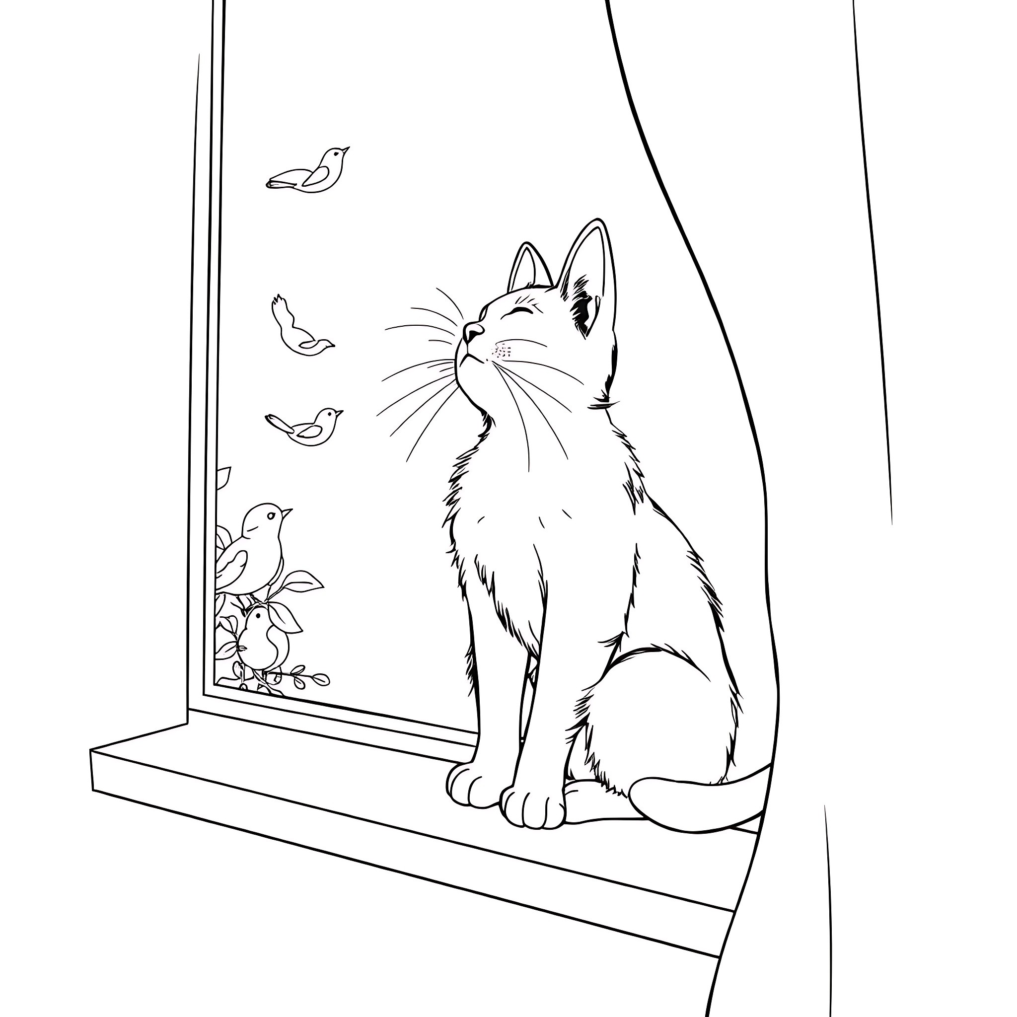 Cat observing birds through the window Coloring Page (free black-and-white line drawing printable PDF for all, from beginners to advanced learners, including children, teens, adults, and seniors)