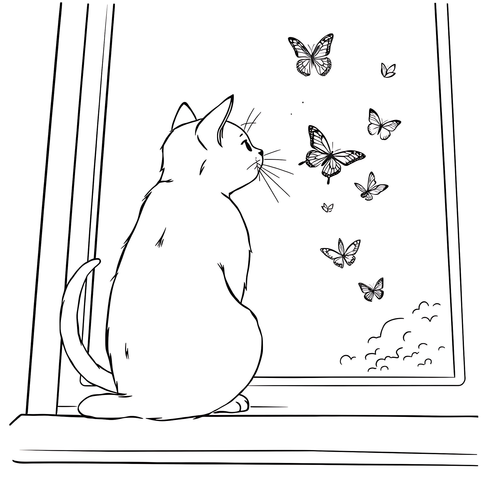 Cat contemplating butterflies near window Coloring Page (free black-and-white line drawing printable PDF for all, from beginners to advanced learners, including children, teens, adults, and seniors)