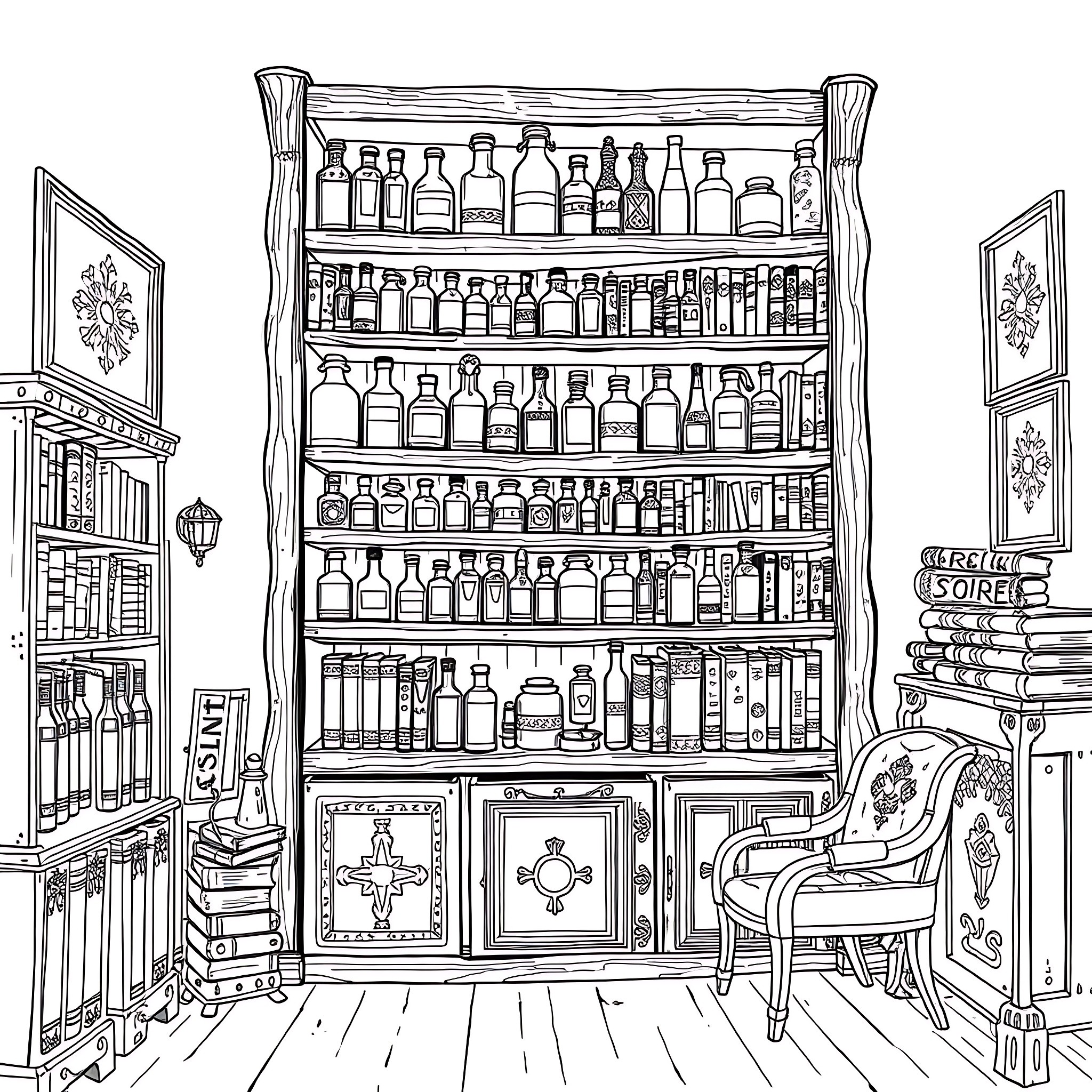 Shelf of antique bottles and glassware in a rustic room Coloring Page (free black-and-white line drawing printable PDF for all, from beginners to advanced learners, including children, teens, adults, and seniors)
