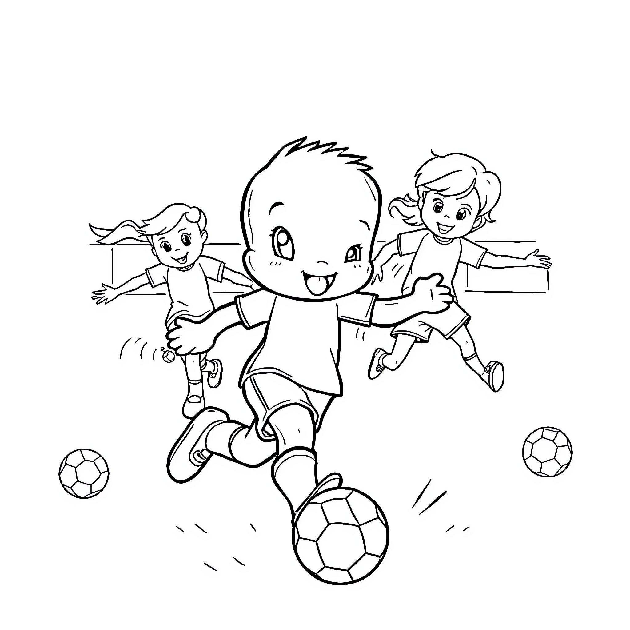 Bluey and friends playing soccer happily Coloring Page (free black-and-white line drawing printable PDF for all, from beginners to advanced learners, including children, teens, adults, and seniors)