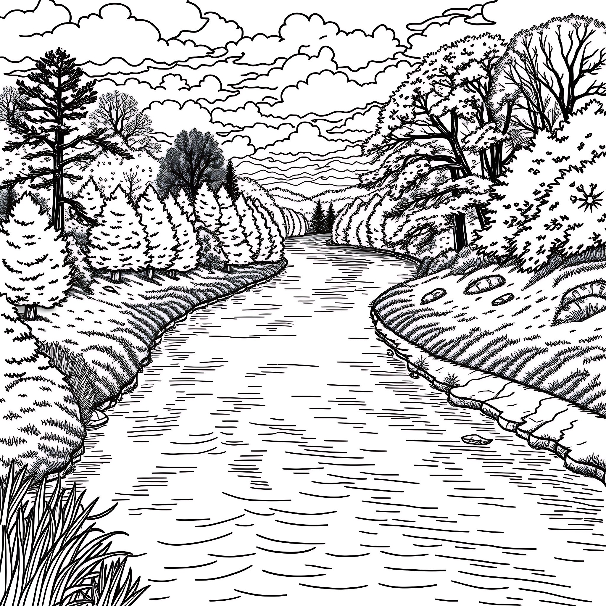 River flowing through a wintry landscape Coloring Page (free black-and-white line drawing printable PDF for all, from beginners to advanced learners, including children, teens, adults, and seniors)