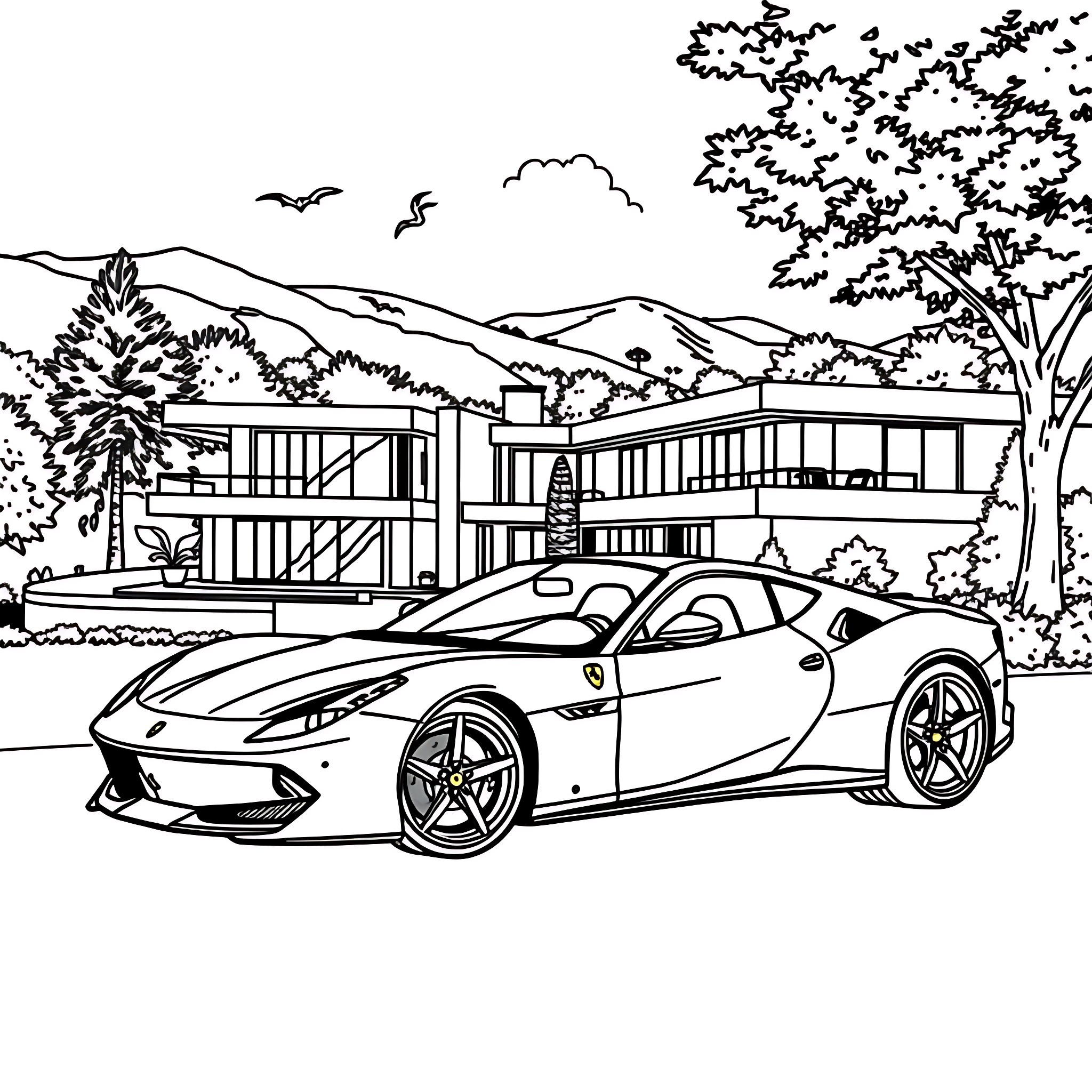 Ferrari luxury sports car in scenic mountain landscape Coloring Page (free black-and-white line drawing printable PDF for all, from beginners to advanced learners, including children, teens, adults, and seniors)