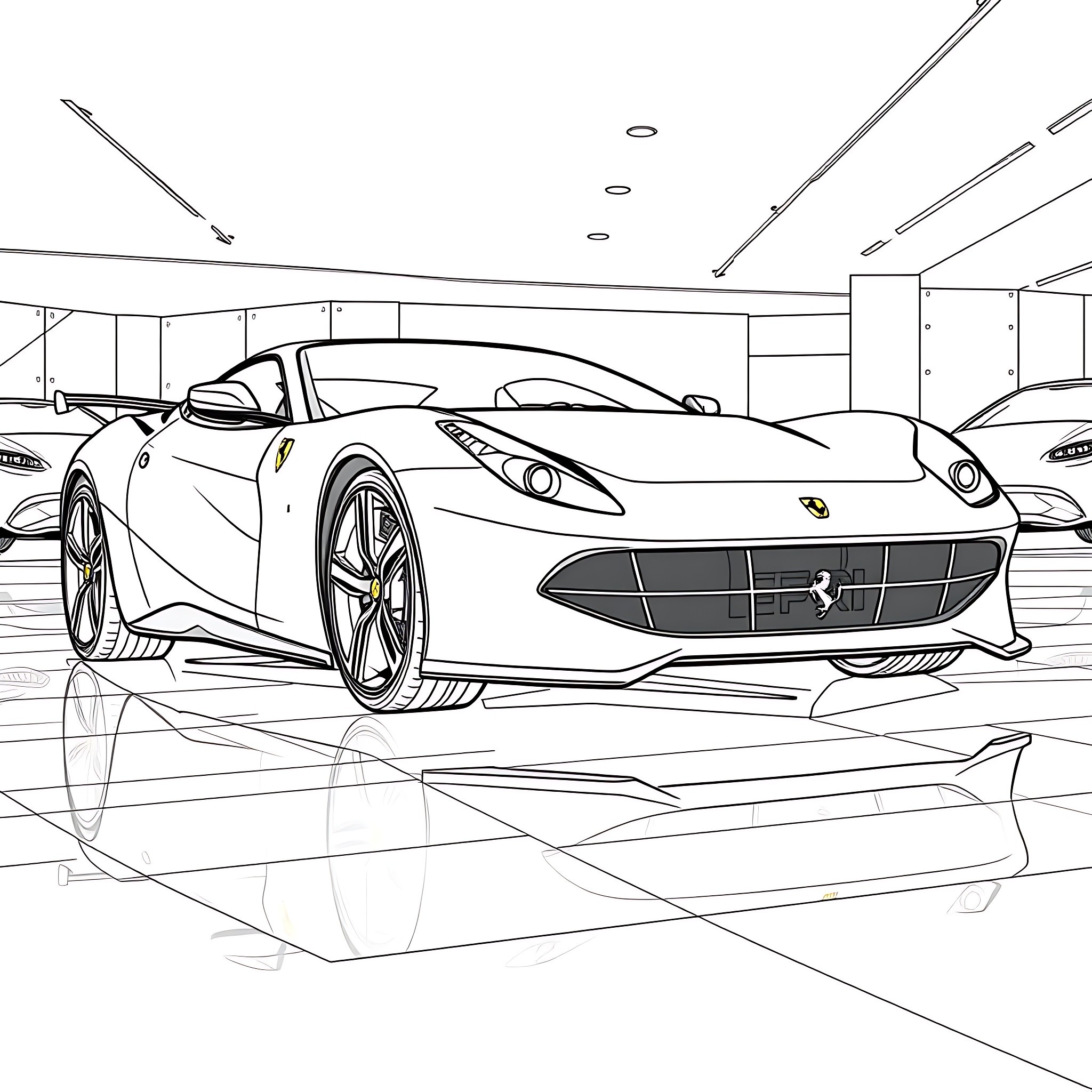 Ferrari sports car in a sleek garage Coloring Page (free black-and-white line drawing printable PDF for all, from beginners to advanced learners, including children, teens, adults, and seniors)