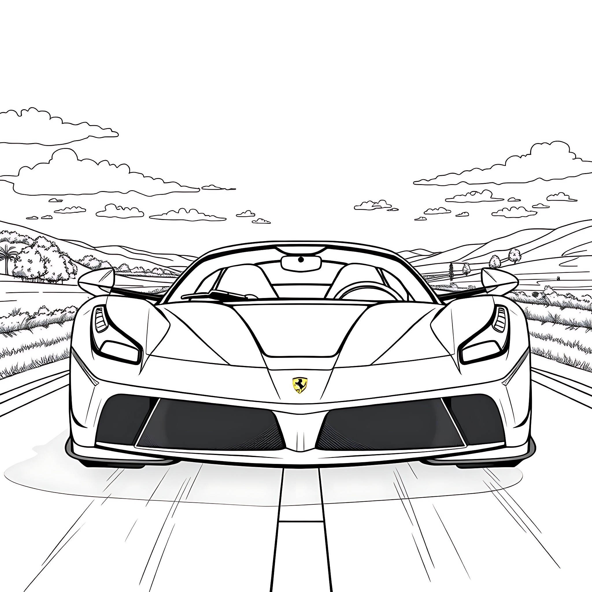 Ferrari speeding on the open road Coloring Page (free black-and-white line drawing printable PDF for all, from beginners to advanced learners, including children, teens, adults, and seniors)