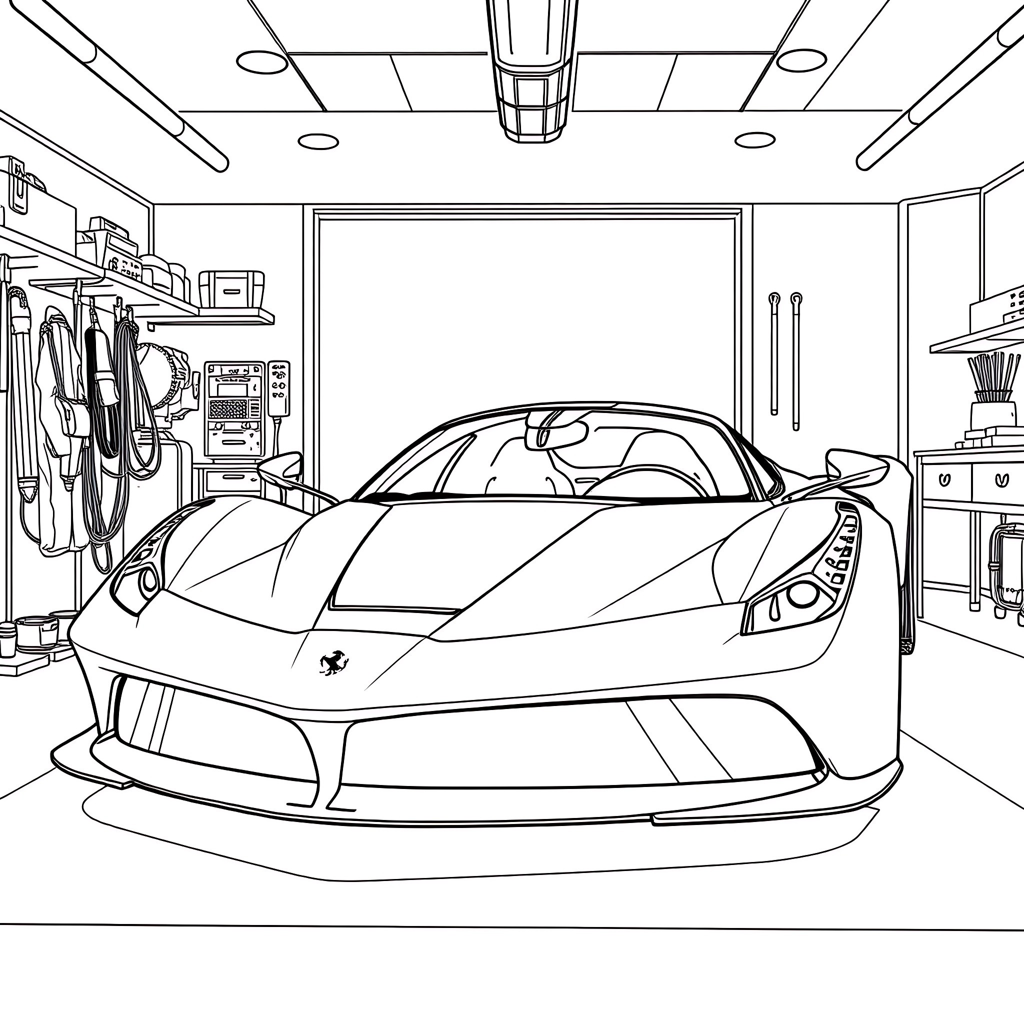 Ferrari supercar in a repair shop Coloring Page (free black-and-white line drawing printable PDF for all, from beginners to advanced learners, including children, teens, adults, and seniors)