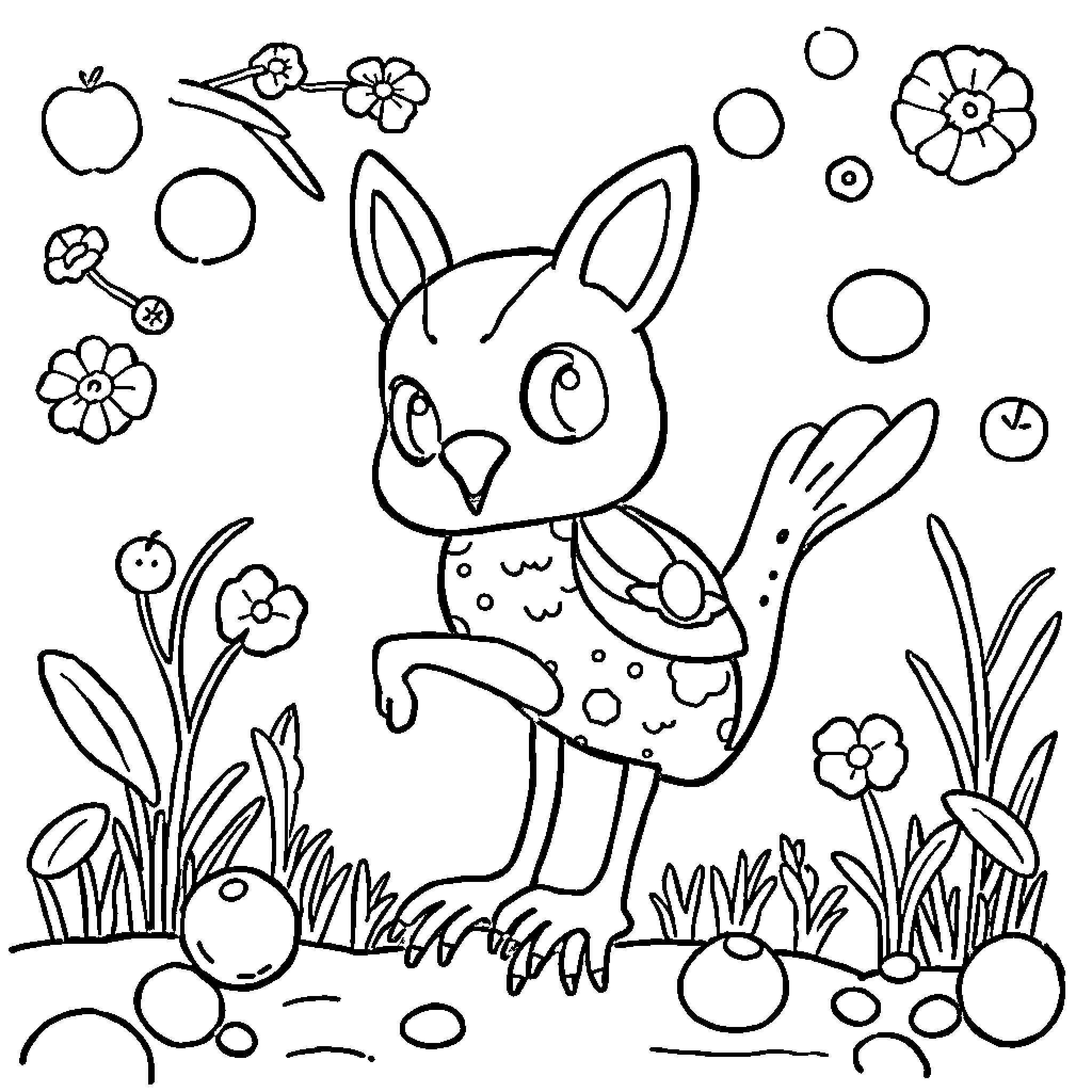 Caligraphy of a curious animal in a floral landscape Coloring Page (free black-and-white line drawing printable PDF for all, from beginners to advanced learners, including children, teens, adults, and seniors)