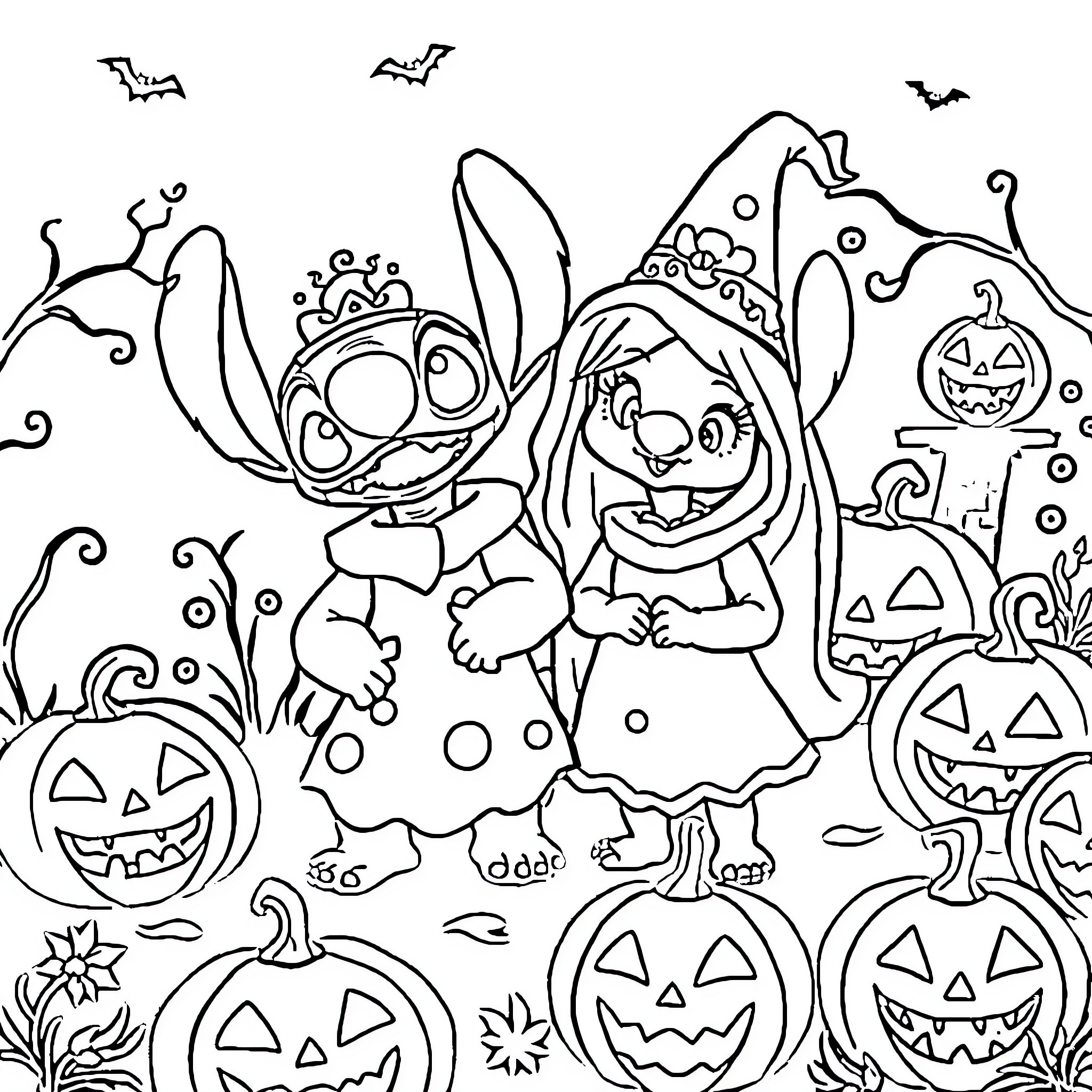 Lilo And Stitch Celebrate Halloween With Pumpkins Coloring Page (free black-and-white line drawing printable PDF for all, from beginners to advanced learners, including children, teens, adults, and seniors)