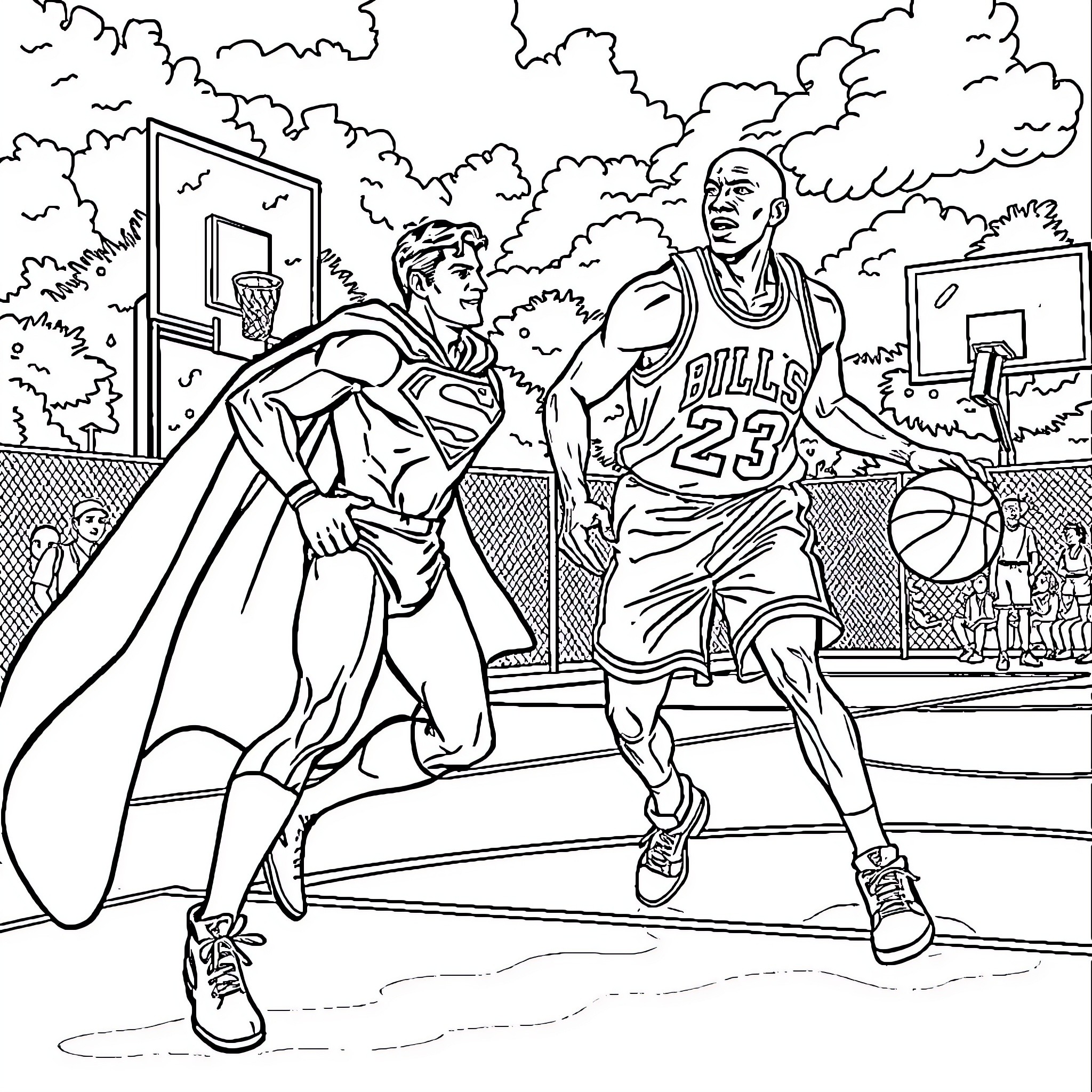 Superman Faces Off Against Basketball Player on Court Coloring Page (free black-and-white line drawing printable PDF for all, from beginners to advanced learners, including children, teens, adults, and seniors)