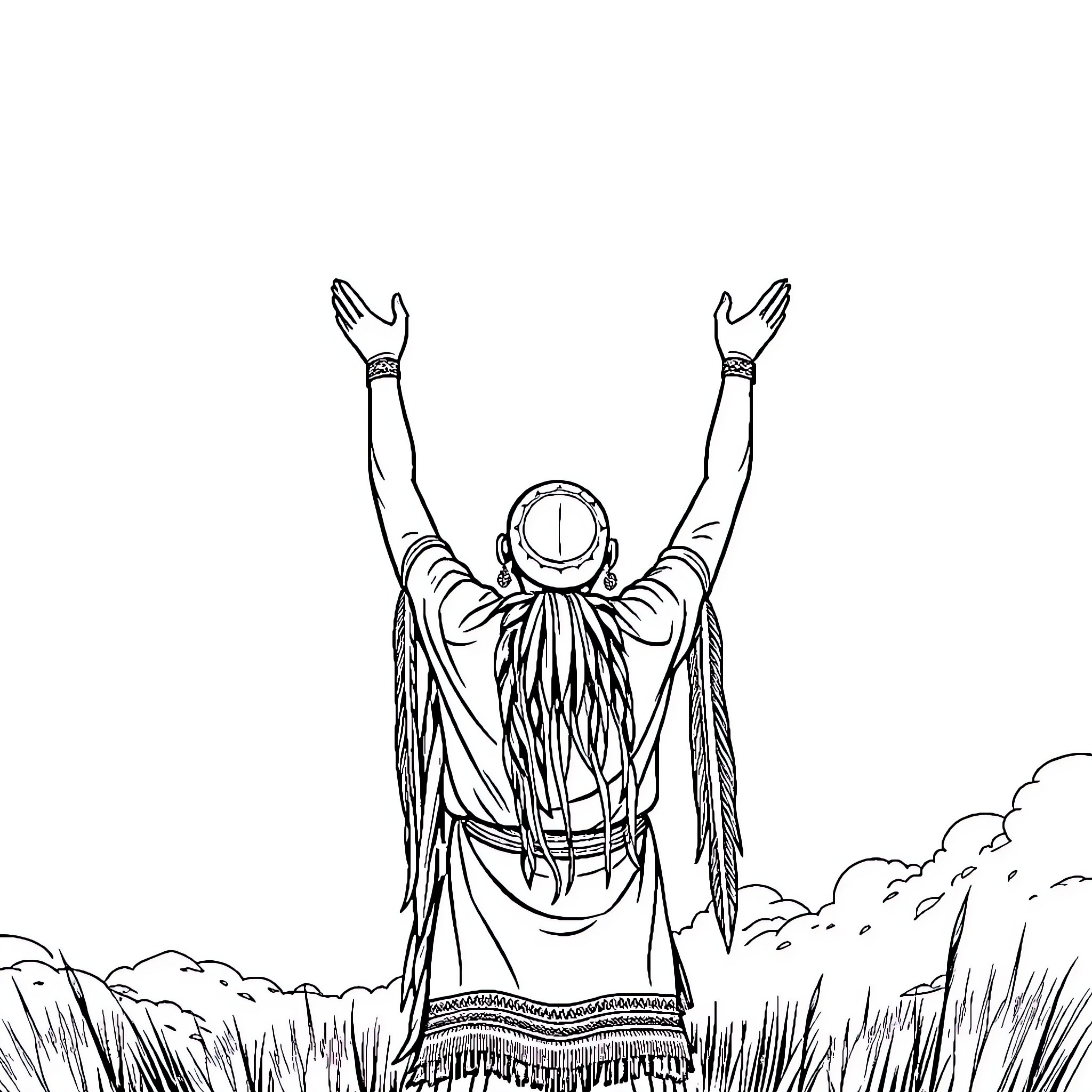 Native American in spiritual dance with arms raised Coloring Page (free black-and-white line drawing printable PDF for all, from beginners to advanced learners, including children, teens, adults, and seniors)