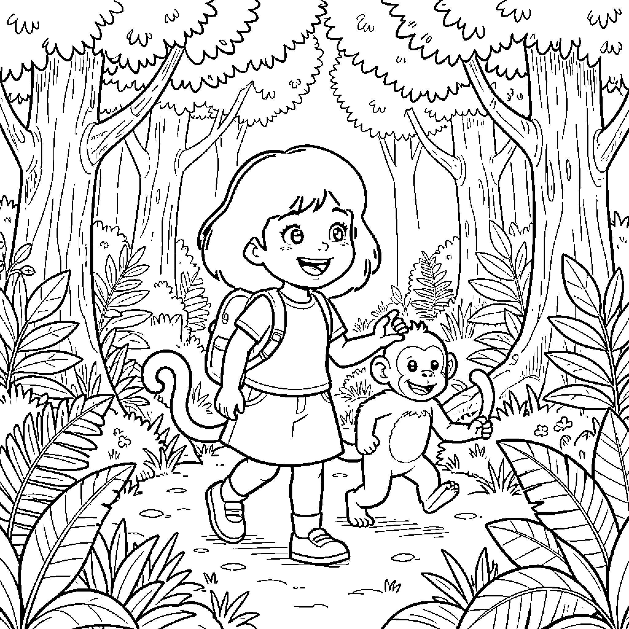 Dora walking happily through the forest with a monkey Coloring Page (free black-and-white line drawing printable PDF for all, from beginners to advanced learners, including children, teens, adults, and seniors)