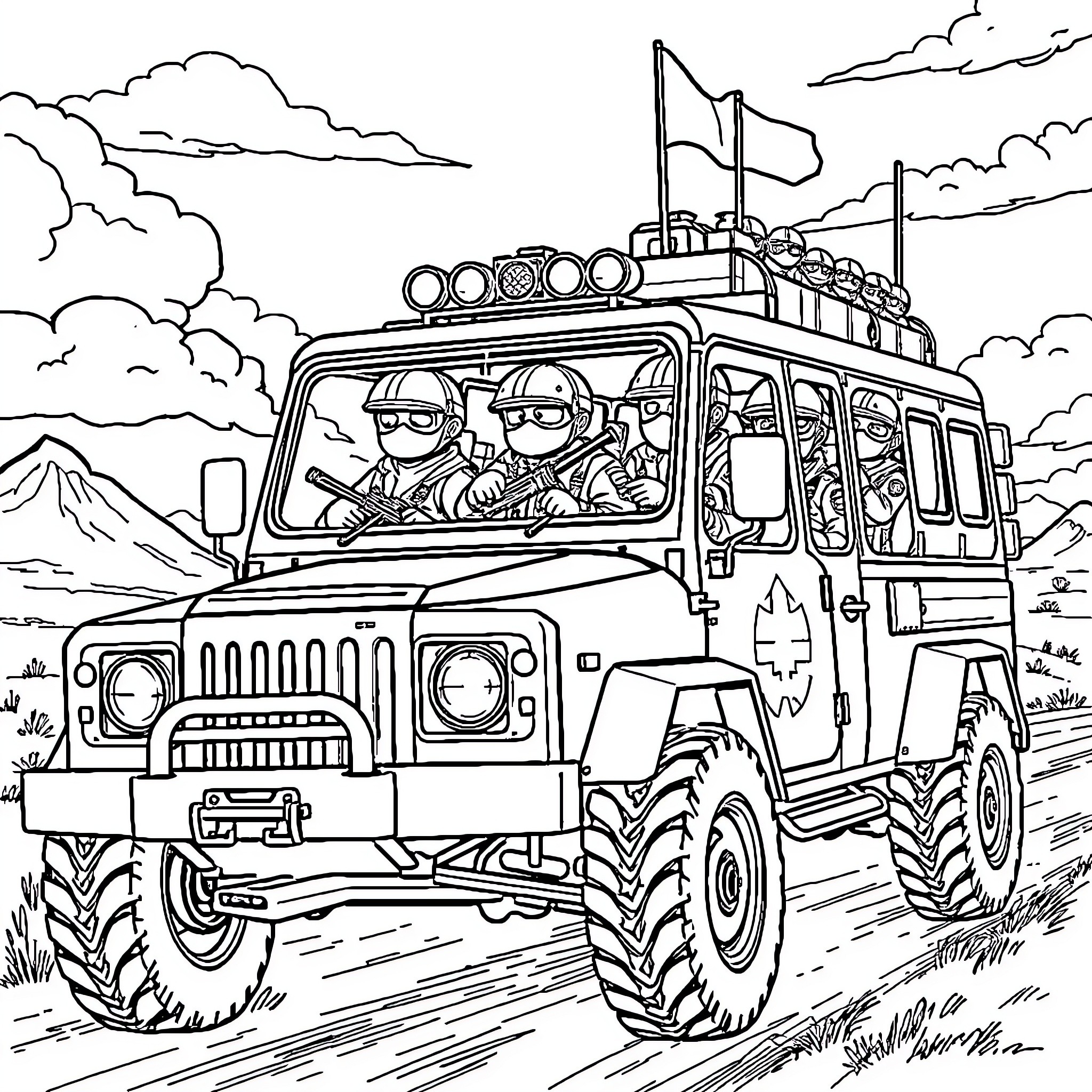 Paw Patrol team on an adventure in a rugged terrain vehicle Coloring Page (free black-and-white line drawing printable PDF for all, from beginners to advanced learners, including children, teens, adults, and seniors)