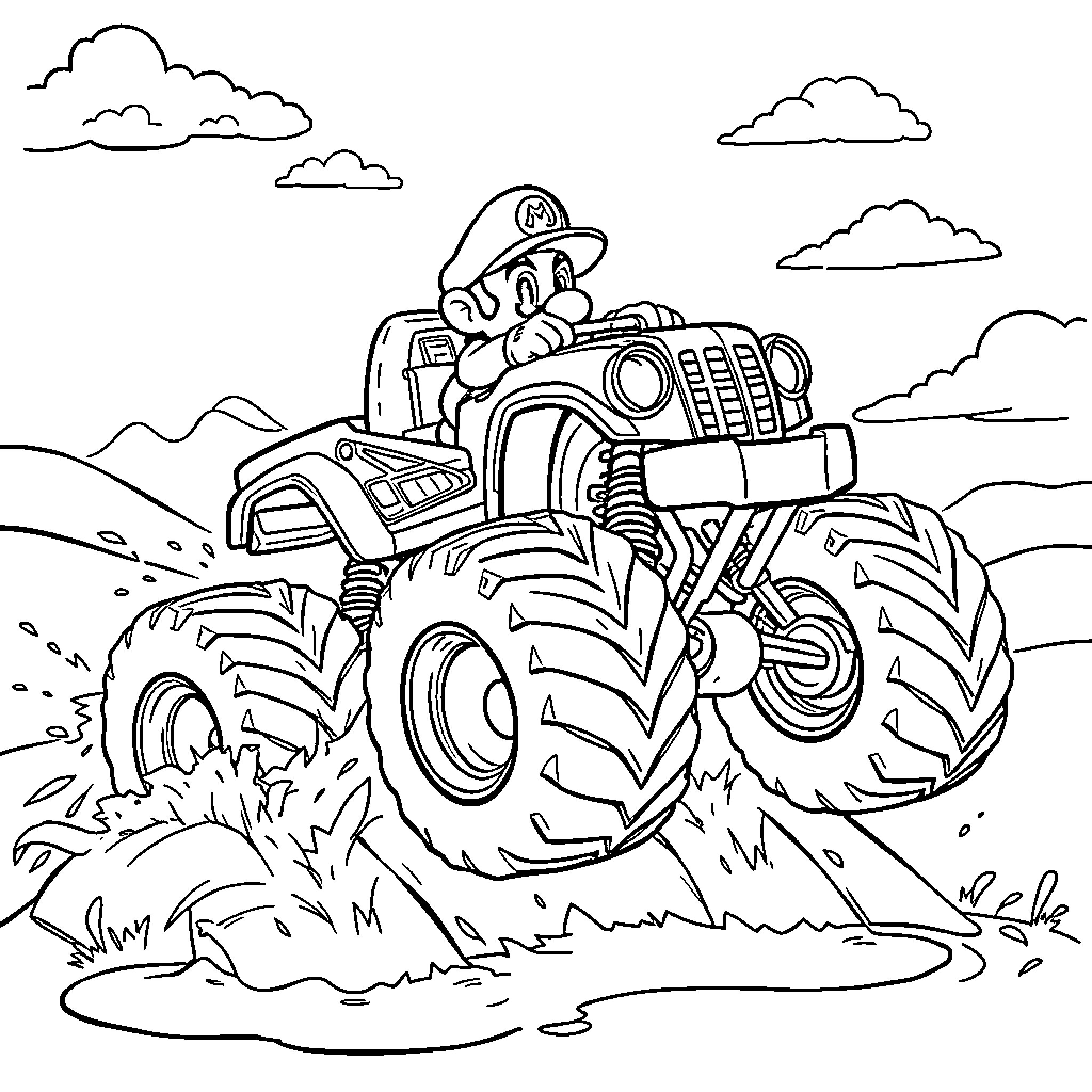 Mario Driving a Giant Monster Truck in the Countryside Coloring Page (free black-and-white line drawing printable PDF for all, from beginners to advanced learners, including children, teens, adults, and seniors)