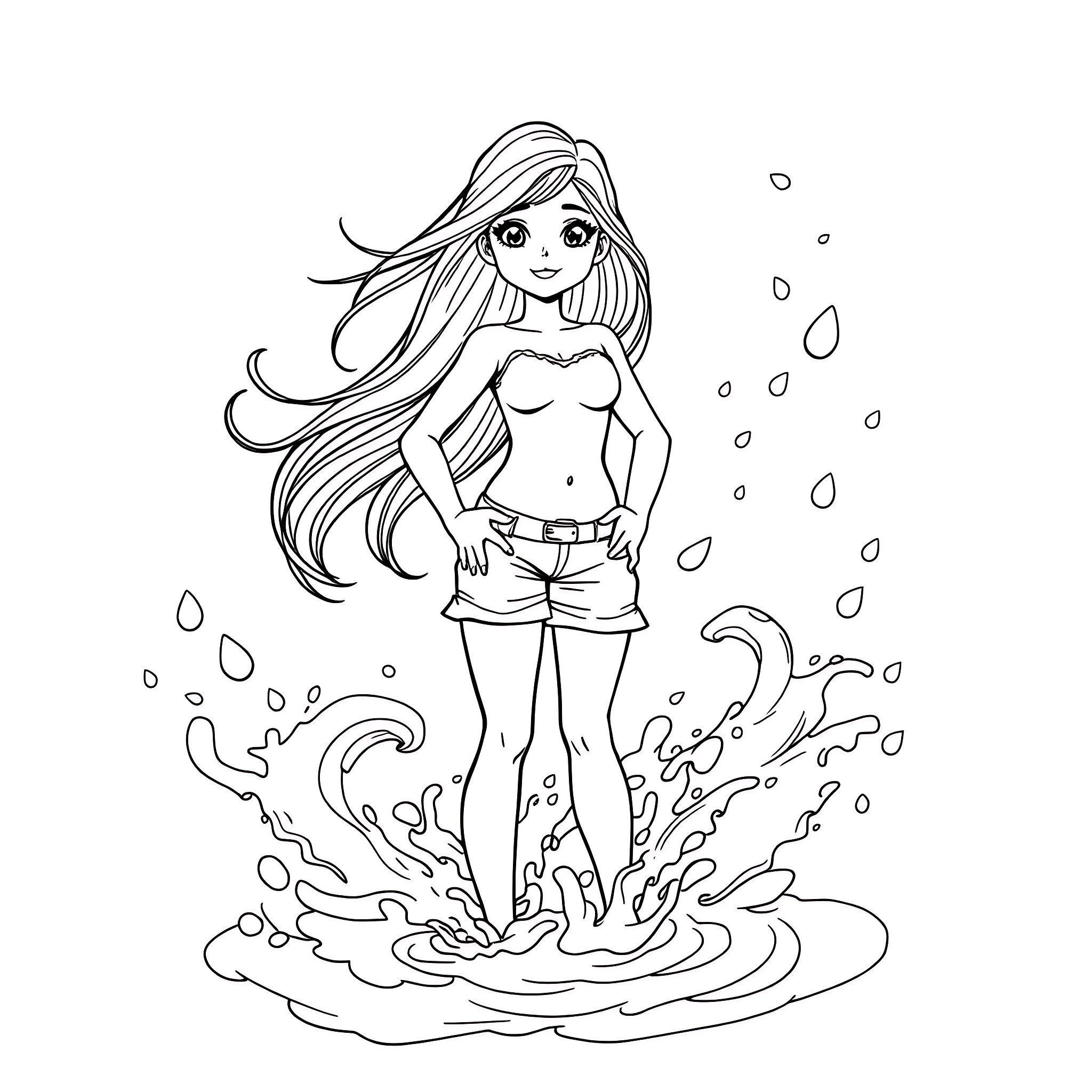 Teen Girl Enjoying Splashing Water Outdoors Coloring Page (free black-and-white line drawing printable PDF for all, from beginners to advanced learners, including children, teens, adults, and seniors)