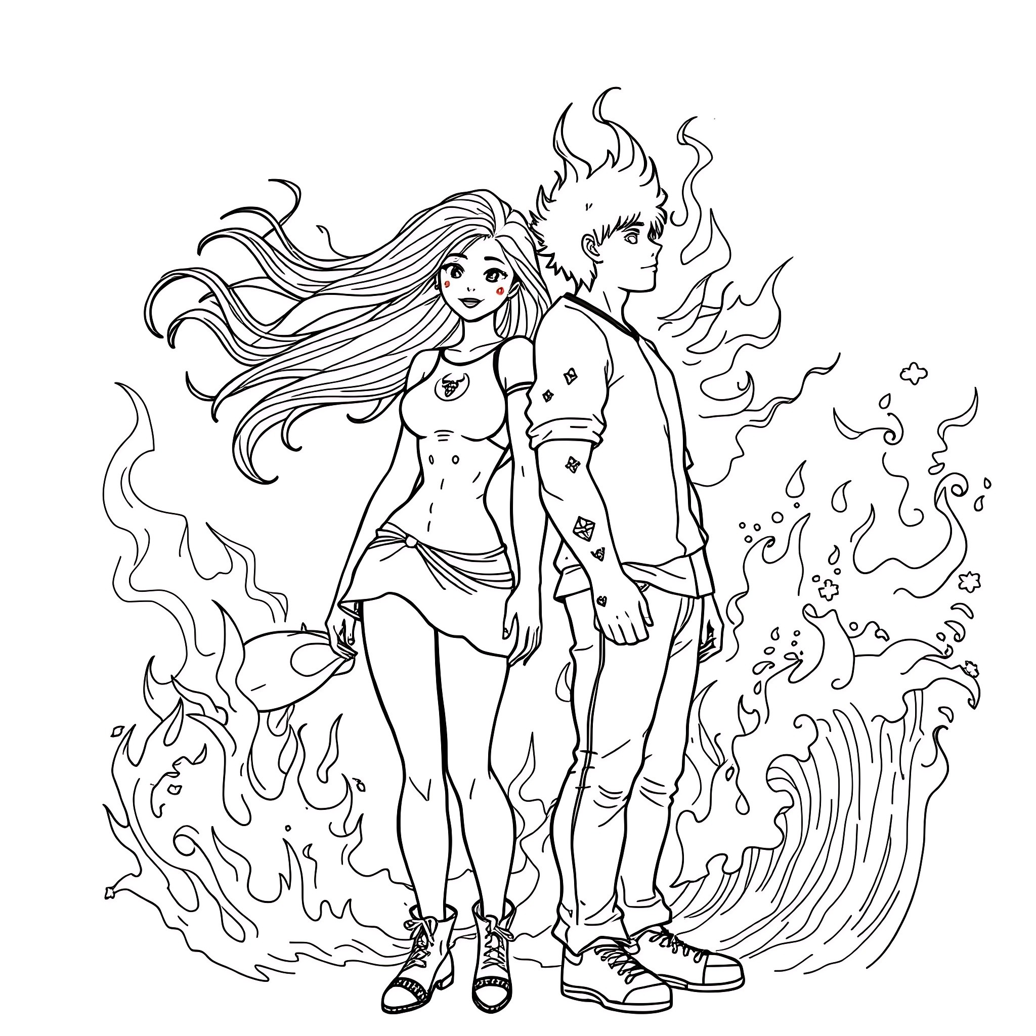 Teen Girl and Boy in Fiery Embrace Coloring Page (free black-and-white line drawing printable PDF for all, from beginners to advanced learners, including children, teens, adults, and seniors)