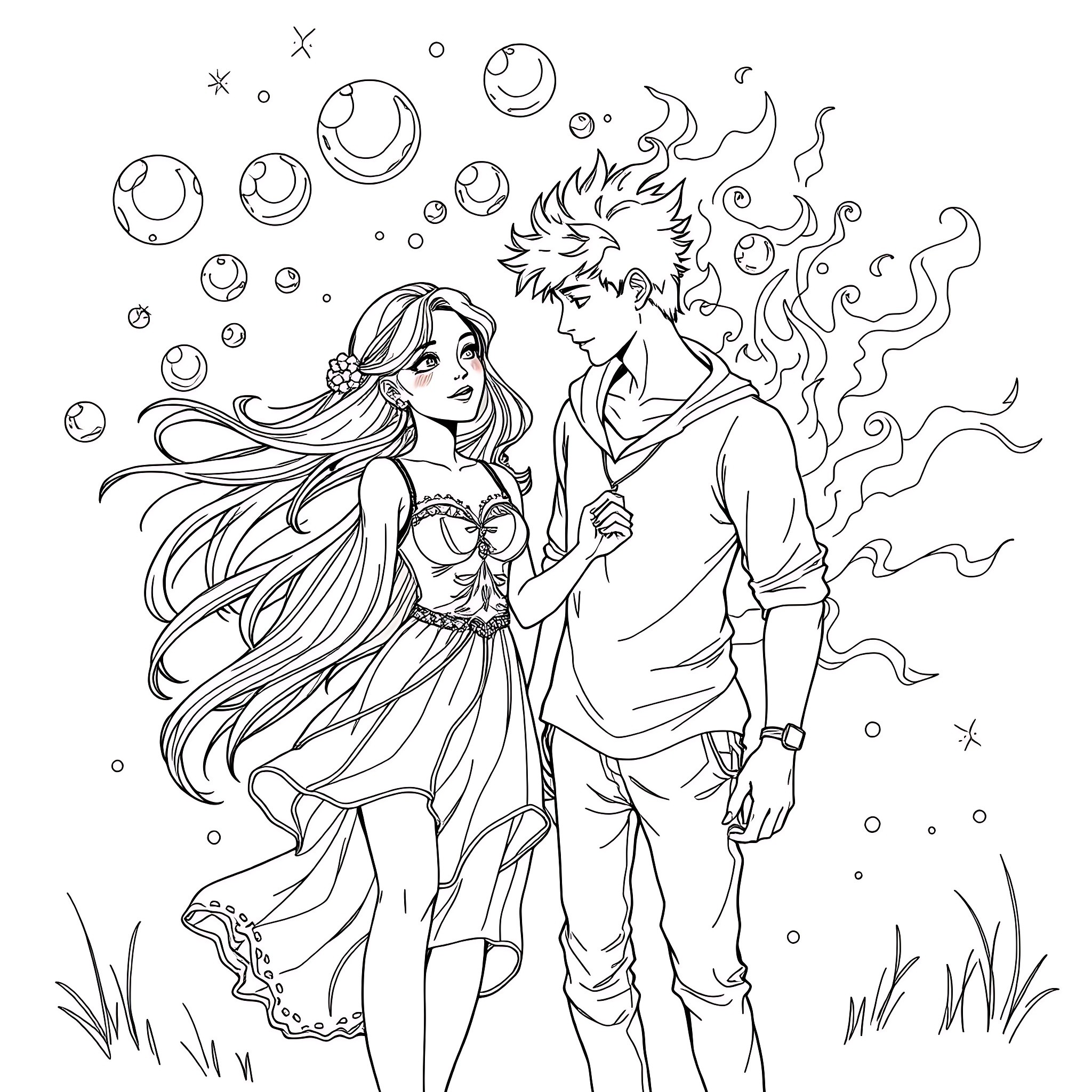 Teenager couple enjoying whimsical moment in nature Coloring Page (free black-and-white line drawing printable PDF for all, from beginners to advanced learners, including children, teens, adults, and seniors)