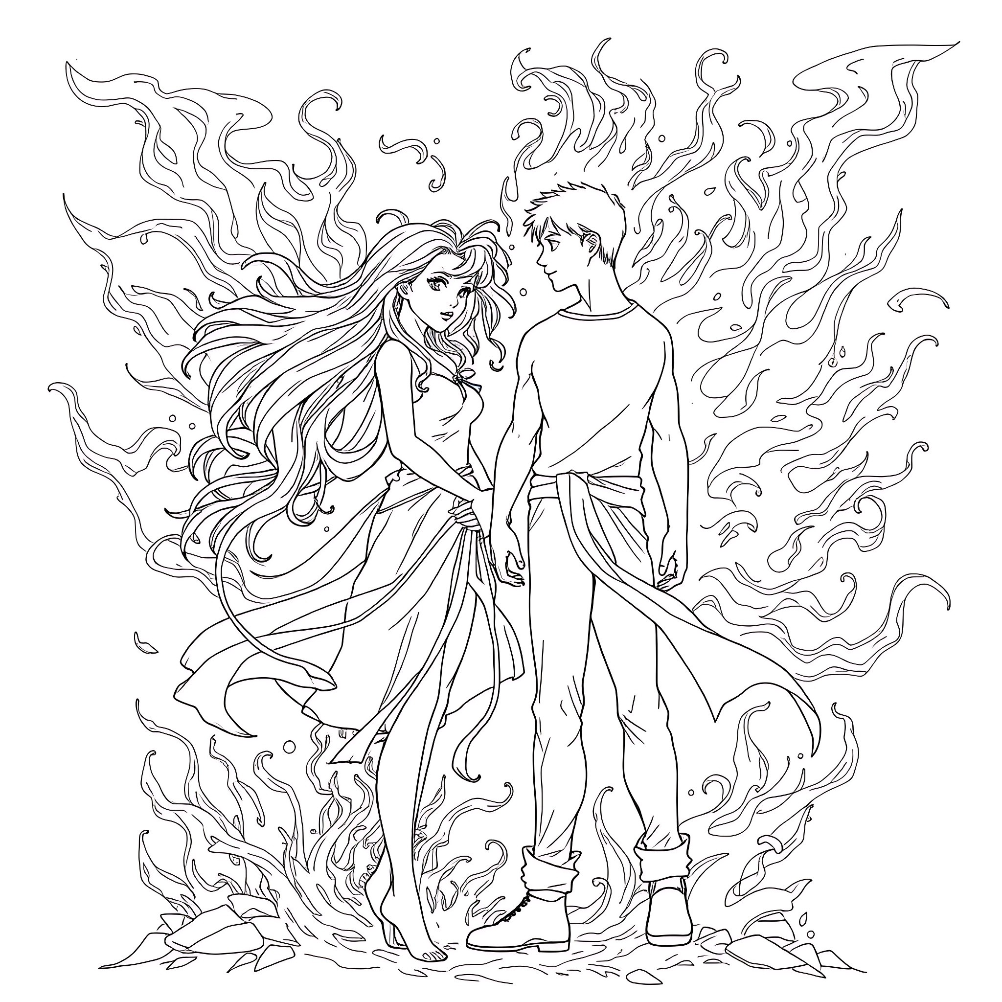 Teen Couple Dancing in Ethereal Flames Coloring Page (free black-and-white line drawing printable PDF for all, from beginners to advanced learners, including children, teens, adults, and seniors)