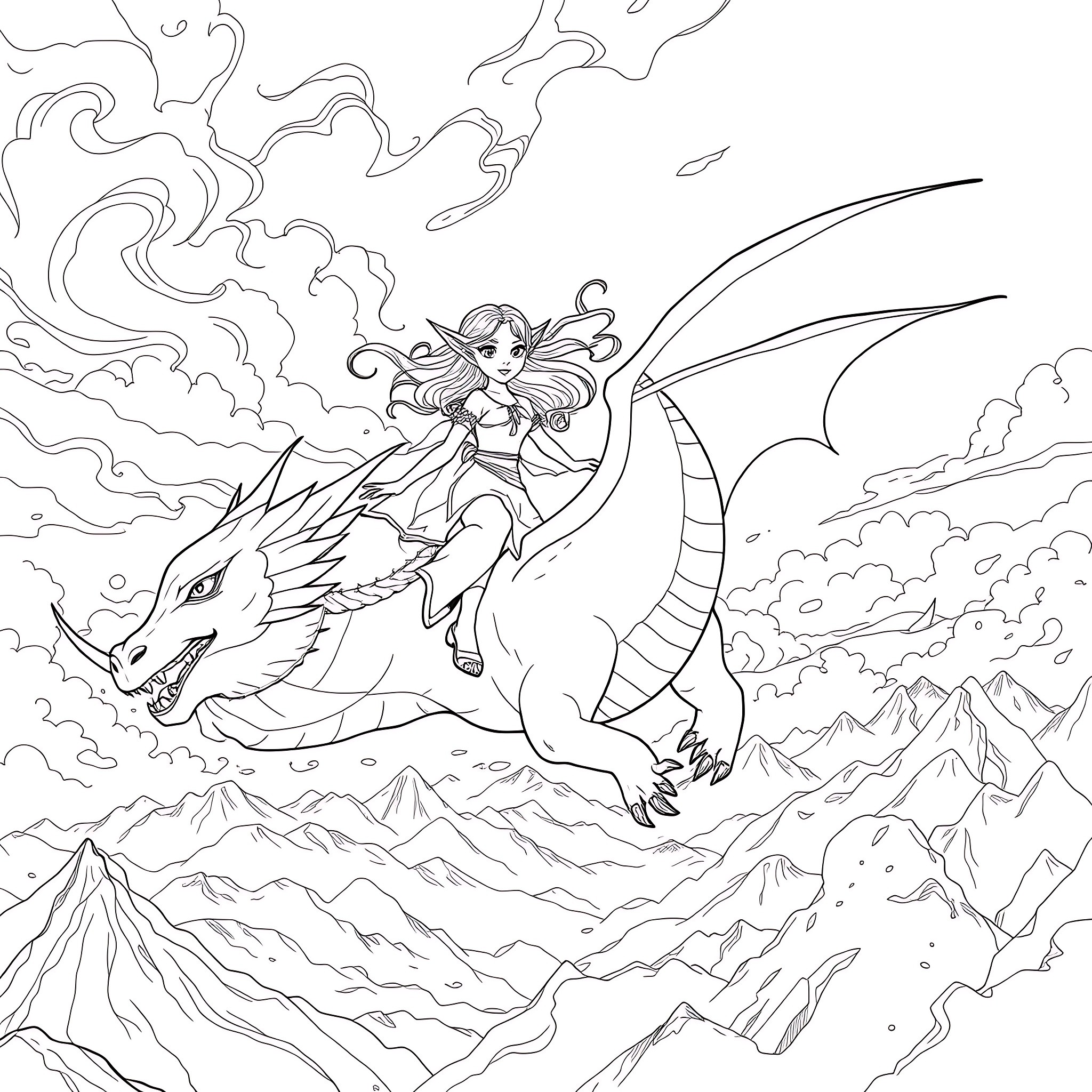Elf riding a majestic dragon over the mountains Coloring Page (free black-and-white line drawing printable PDF for all, from beginners to advanced learners, including children, teens, adults, and seniors)