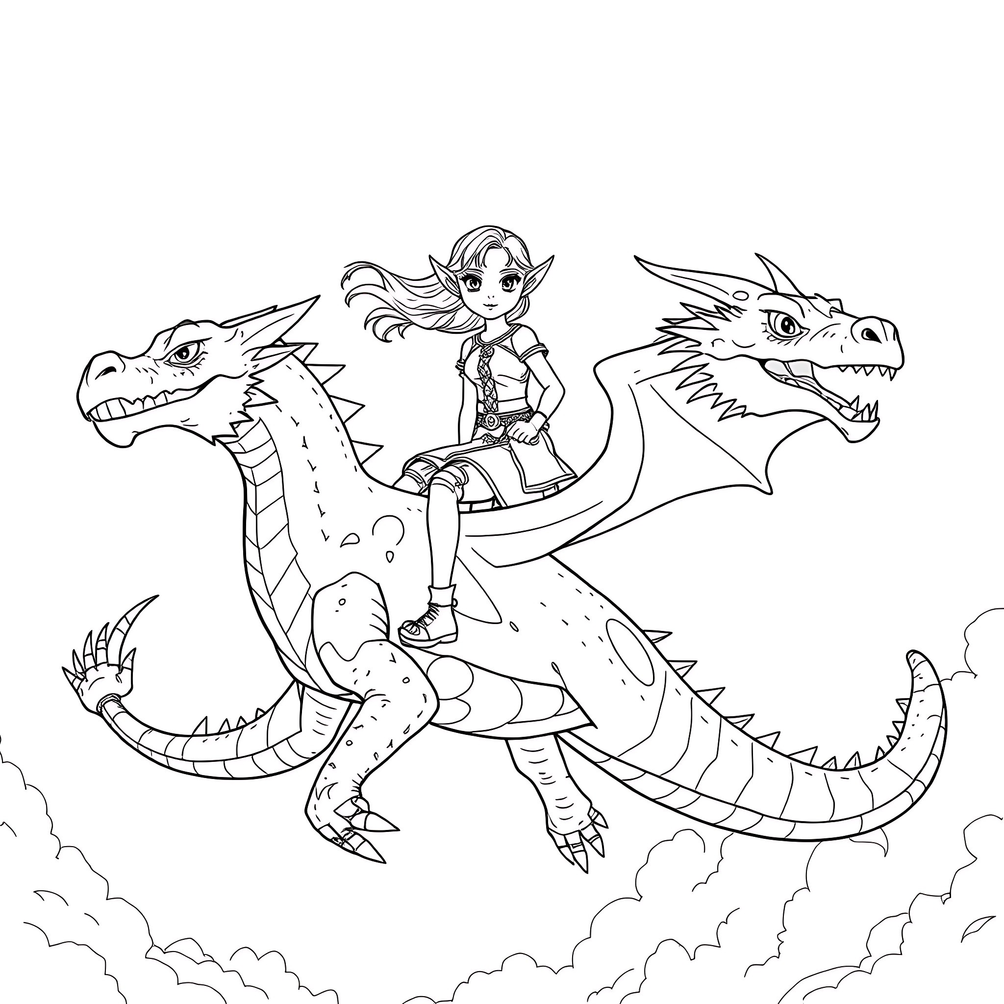 Elf riding two dragons in the sky Coloring Page (free black-and-white line drawing printable PDF for all, from beginners to advanced learners, including children, teens, adults, and seniors)