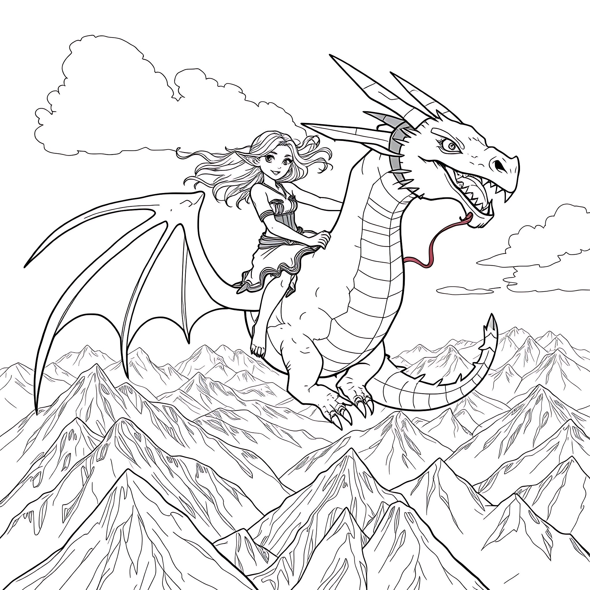 Elf riding an impressive dragon over the mountains Coloring Page (free black-and-white line drawing printable PDF for all, from beginners to advanced learners, including children, teens, adults, and seniors)