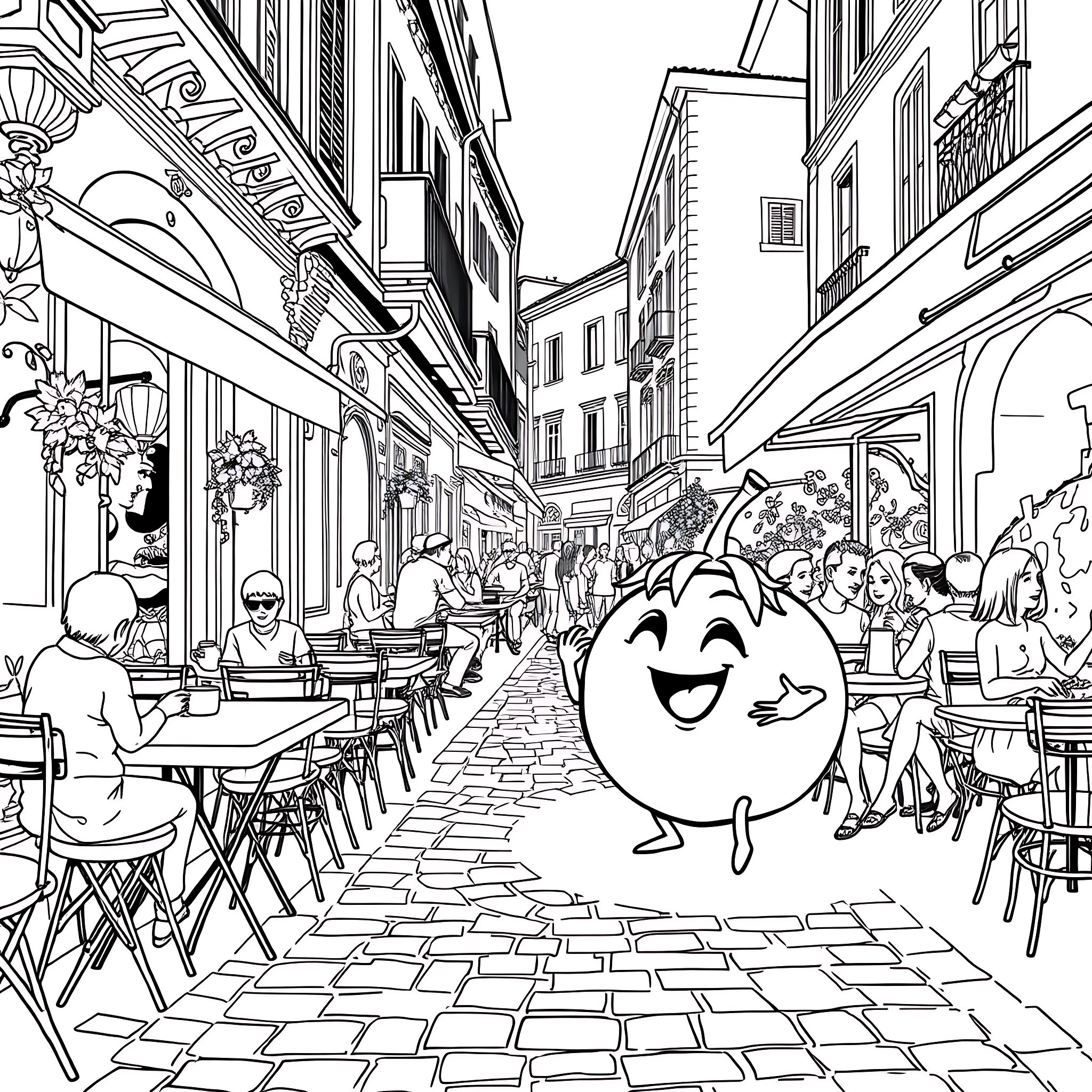 Tomato character exploring busy city street with outdoor cafes Coloring Page (free black-and-white line drawing printable PDF for all, from beginners to advanced learners, including children, teens, adults, and seniors)