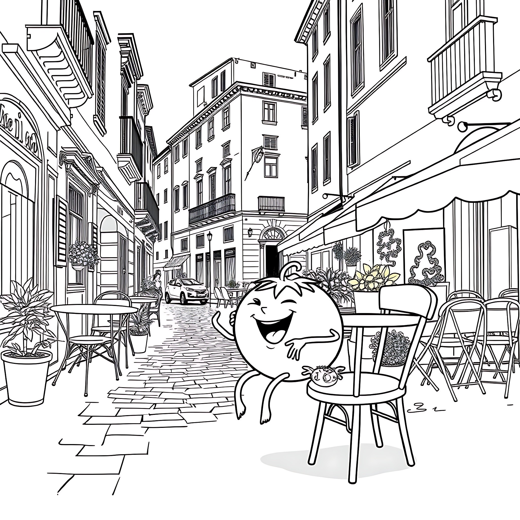 Tomato enjoying a cozy cafe in the city Coloring Page (free black-and-white line drawing printable PDF for all, from beginners to advanced learners, including children, teens, adults, and seniors)