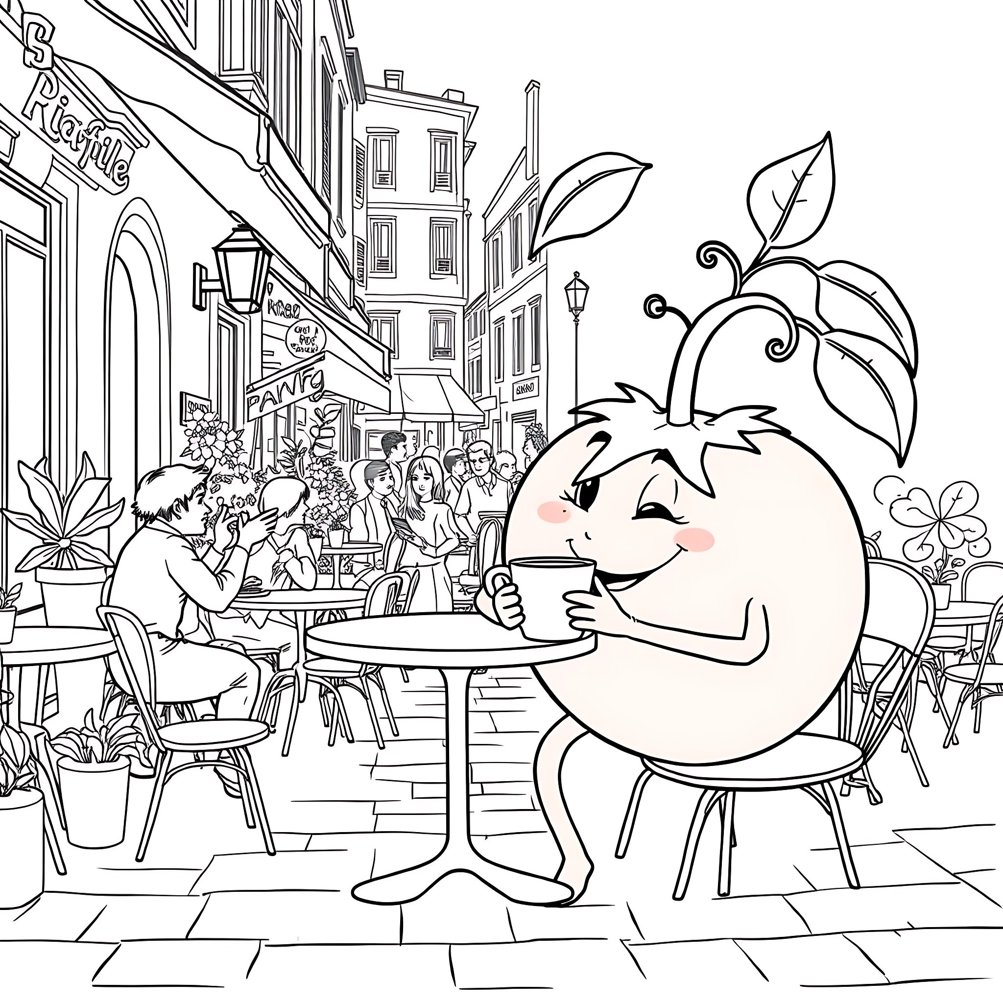 Tomato character enjoying a cafe in a lively city Coloring Page (free black-and-white line drawing printable PDF for all, from beginners to advanced learners, including children, teens, adults, and seniors)