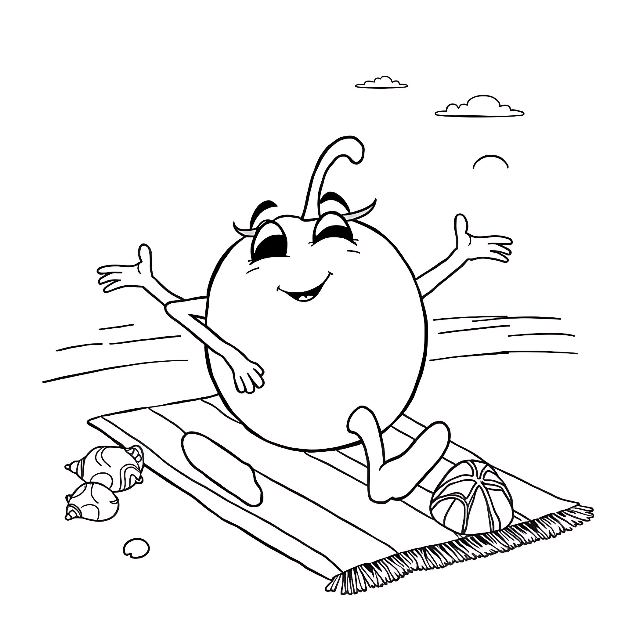 Tomato relaxing on a beach towel under the sun Coloring Page (free black-and-white line drawing printable PDF for all, from beginners to advanced learners, including children, teens, adults, and seniors)