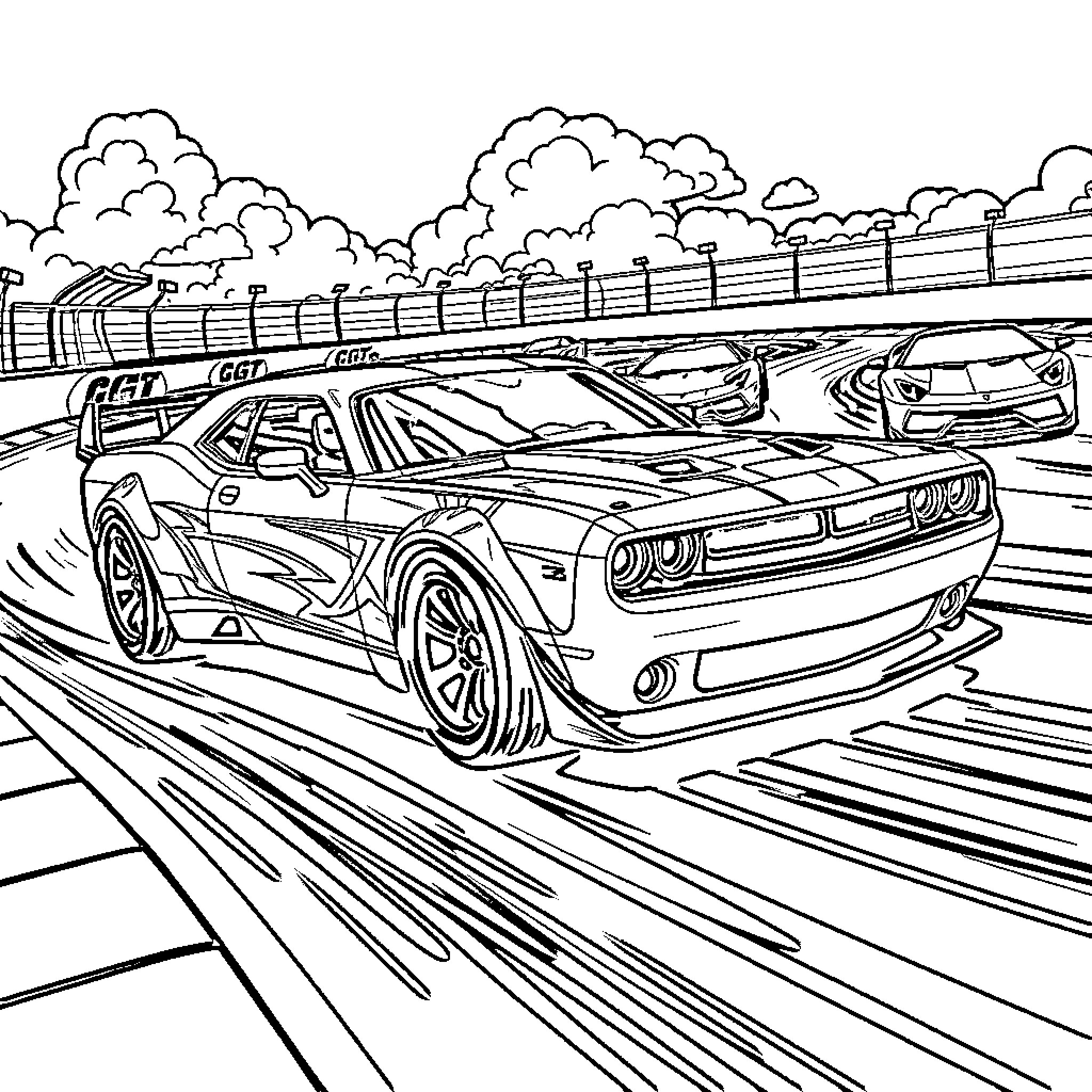 Hot Wheels racing on the highway Coloring Page (free black-and-white line drawing printable PDF for all, from beginners to advanced learners, including children, teens, adults, and seniors)