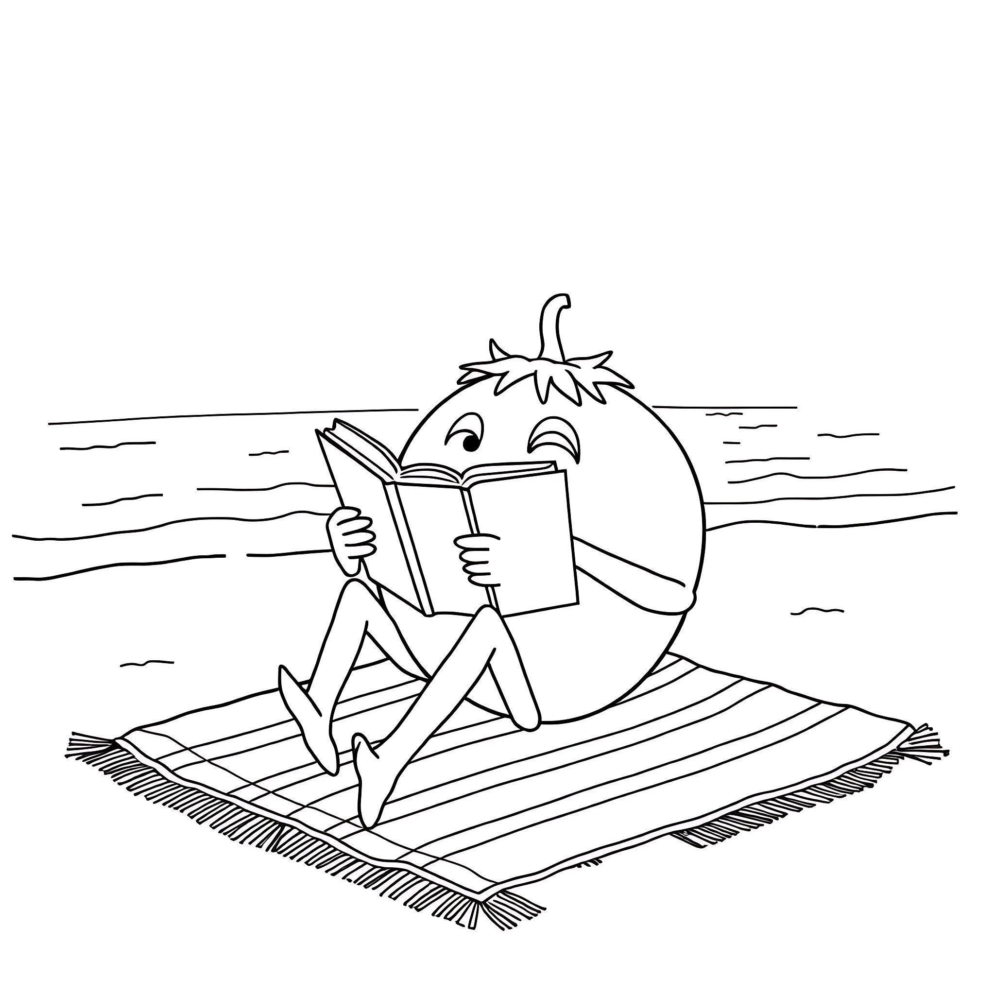 Tomato reading a book on a rug Coloring Page (free black-and-white line drawing printable PDF for all, from beginners to advanced learners, including children, teens, adults, and seniors)