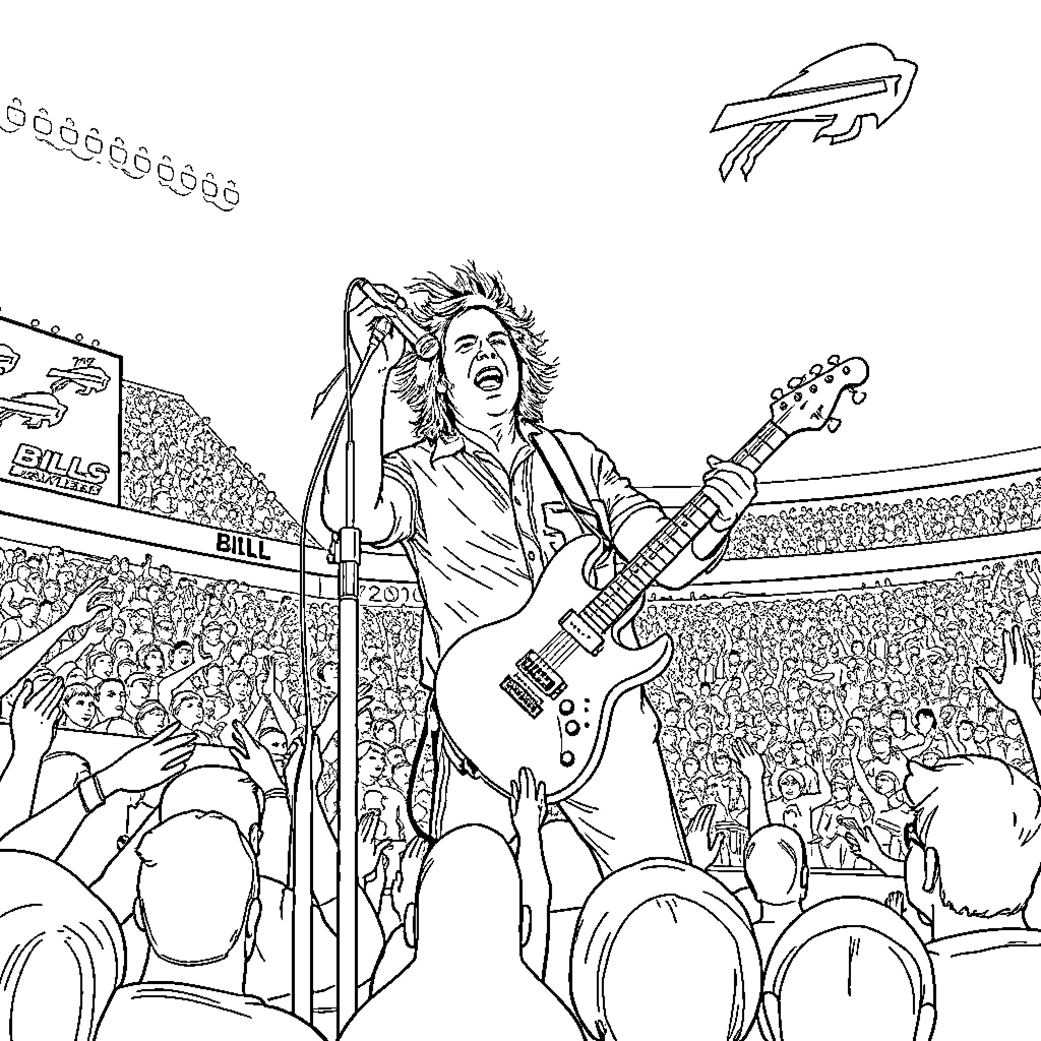 Jack White performing energetically on stage with electric guitar Coloring Page (free black-and-white line drawing printable PDF for all, from beginners to advanced learners, including children, teens, adults, and seniors)