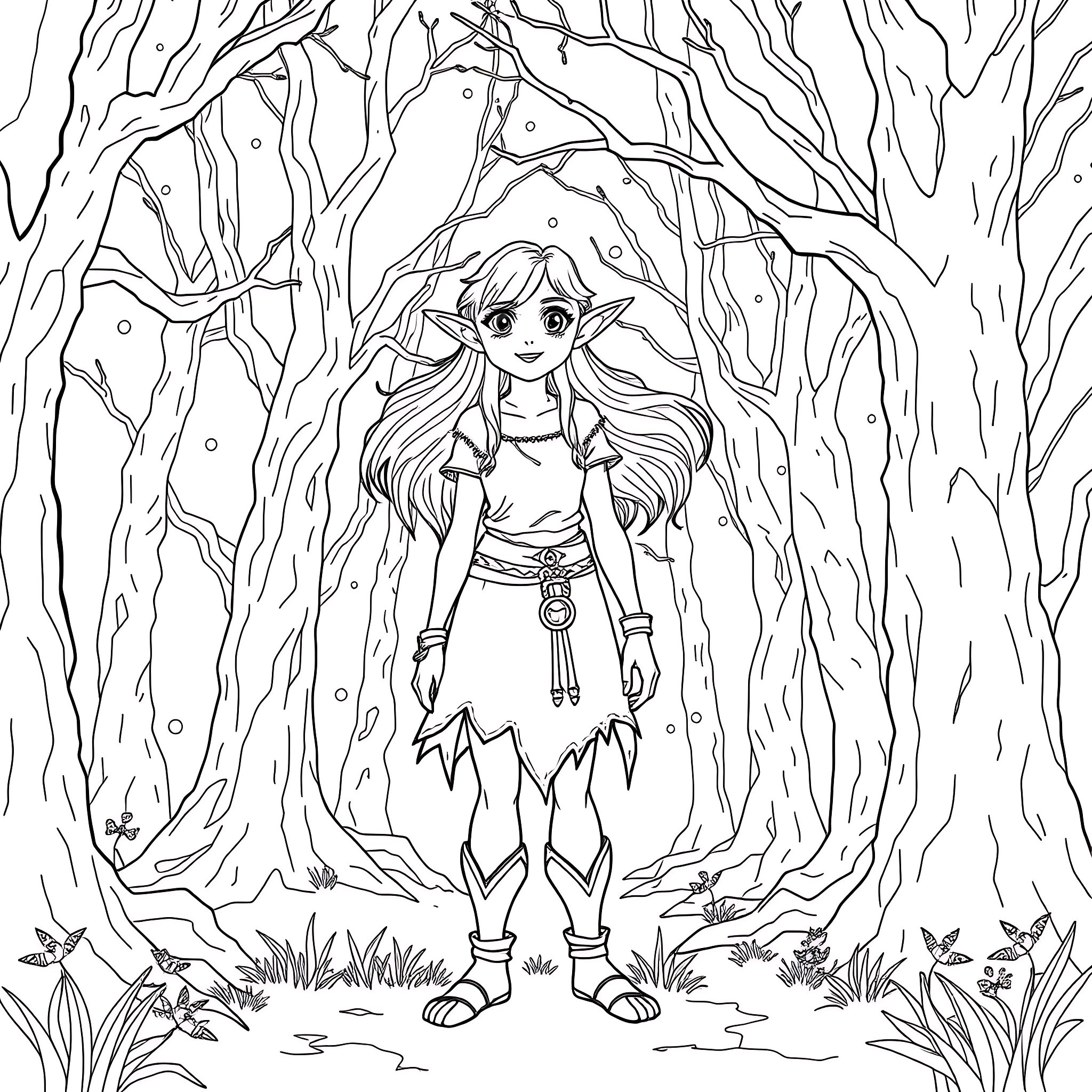 Elf in the Enchanted Forest Coloring Page (free black-and-white line drawing printable PDF for all, from beginners to advanced learners, including children, teens, adults, and seniors)