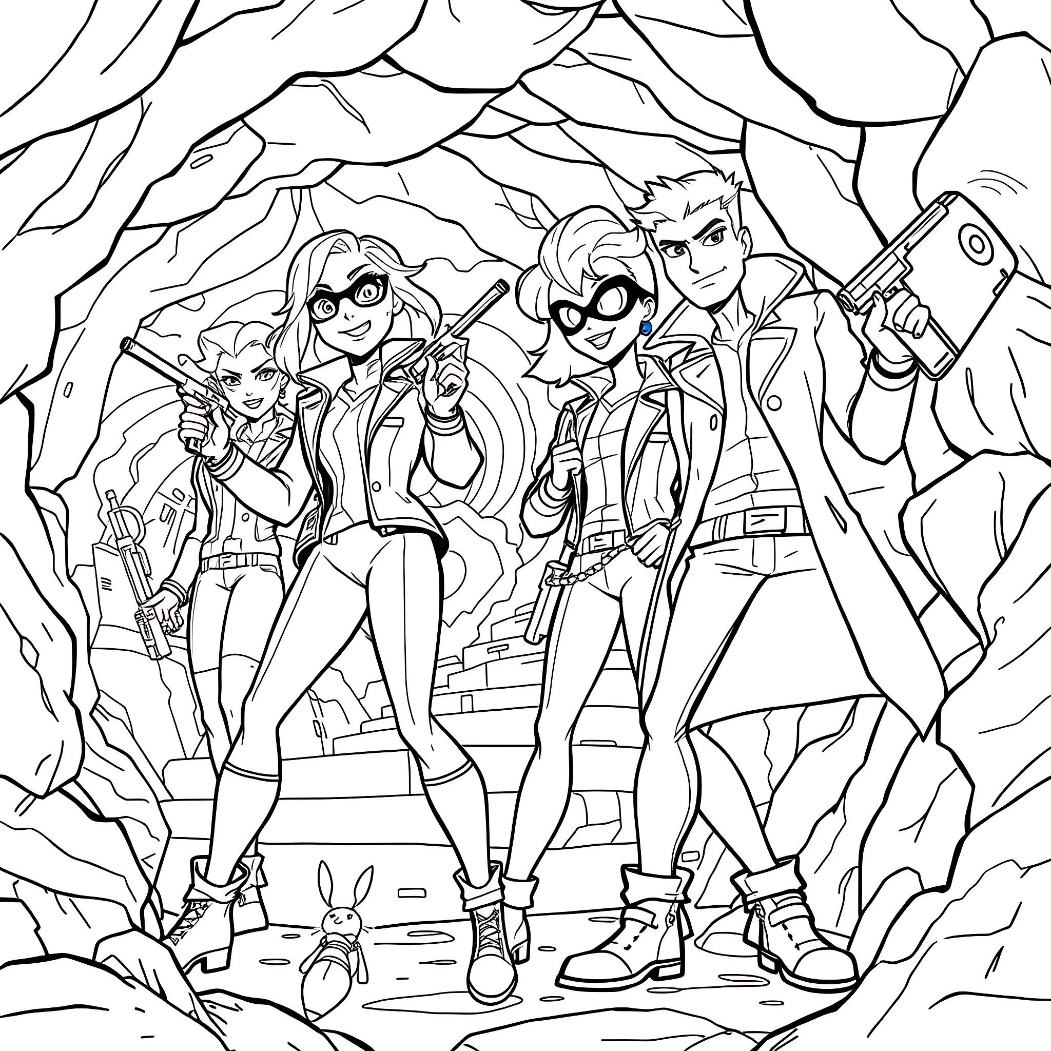 Totally Spies on a Daring Mission Coloring Page (free black-and-white line drawing printable PDF for all, from beginners to advanced learners, including children, teens, adults, and seniors)