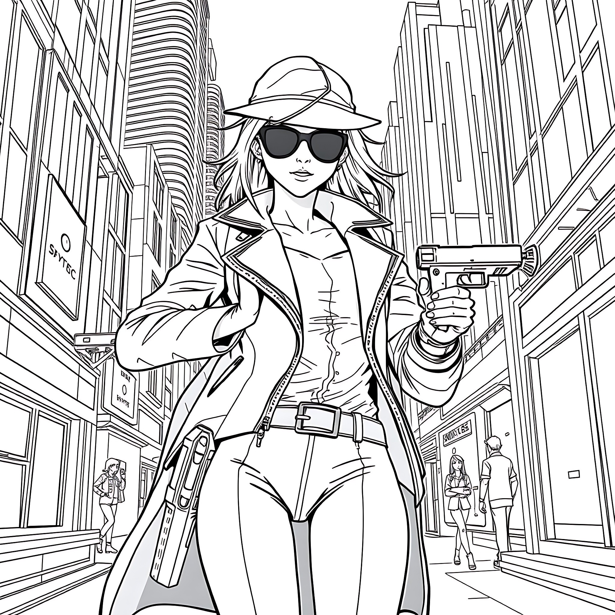 Teen Girl Spy in Urban City Scene Coloring Page (free black-and-white line drawing printable PDF for all, from beginners to advanced learners, including children, teens, adults, and seniors)