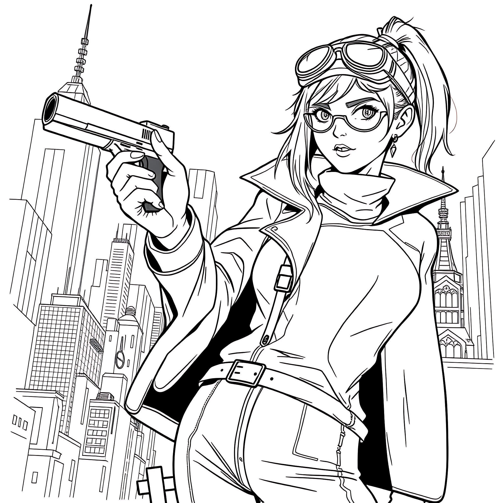 Teen Girl in Action Adventure Pose Coloring Page (free black-and-white line drawing printable PDF for all, from beginners to advanced learners, including children, teens, adults, and seniors)