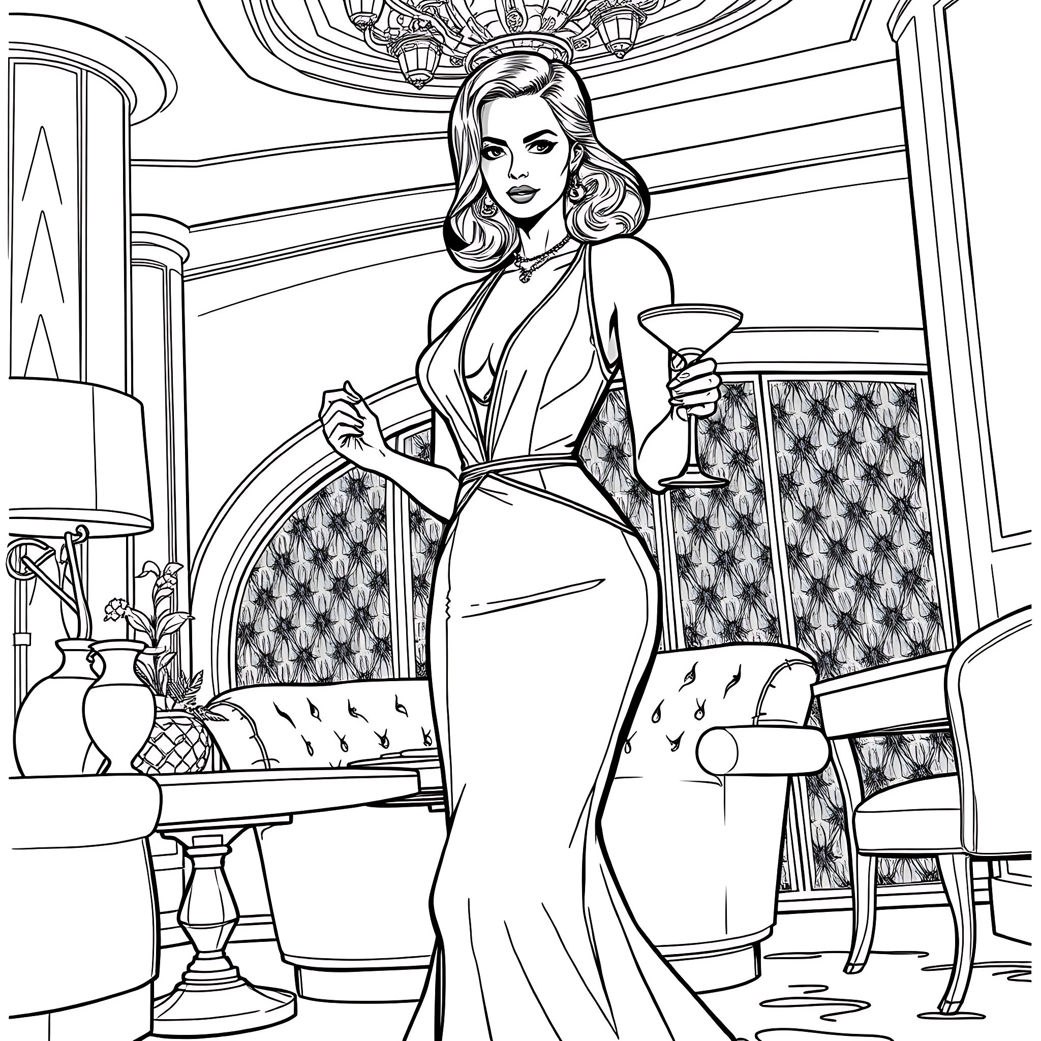 Woman in formal evening dress holding a drink Coloring Page (free black-and-white line drawing printable PDF for all, from beginners to advanced learners, including children, teens, adults, and seniors)