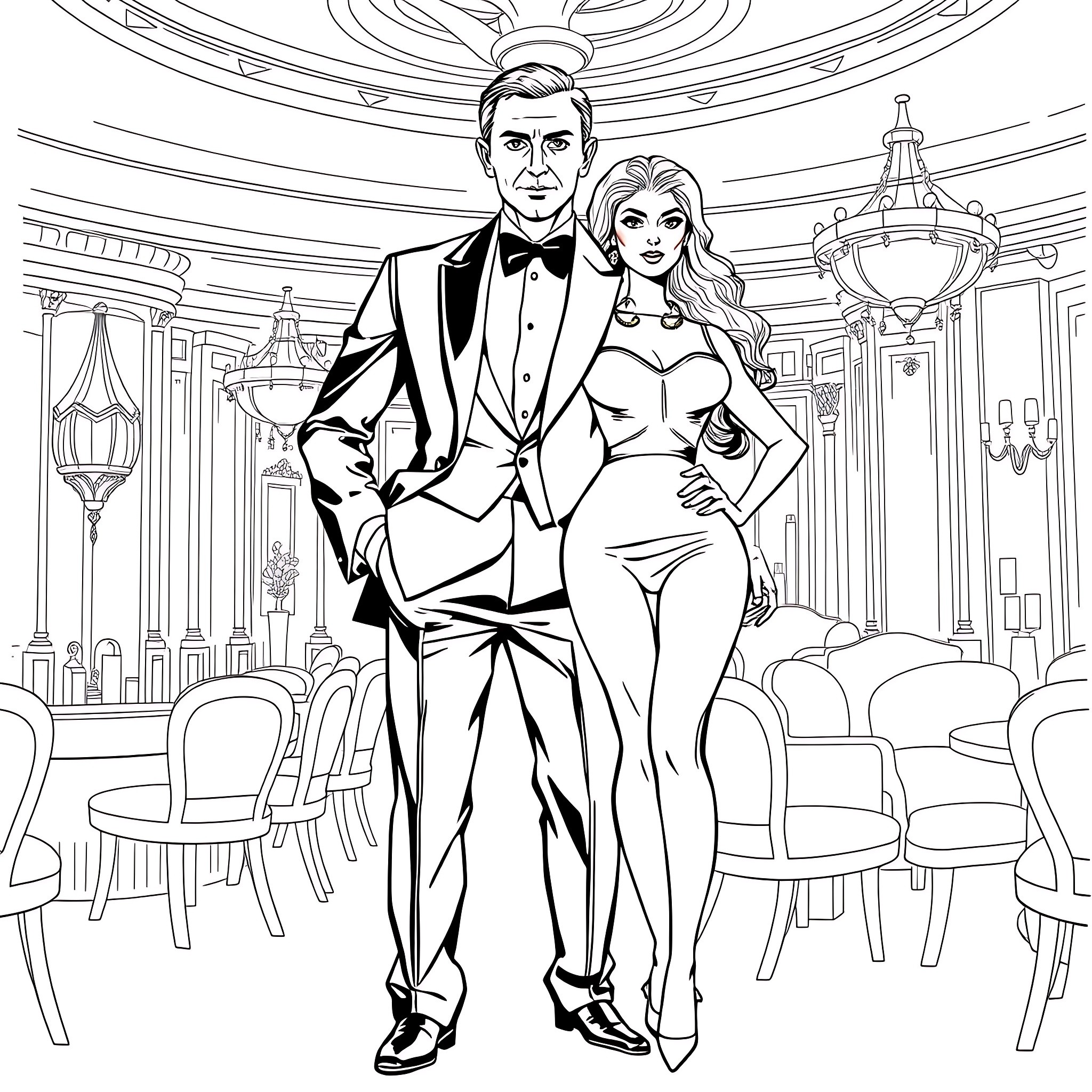 Woman and man in formal attire at elegant event Coloring Page (free black-and-white line drawing printable PDF for all, from beginners to advanced learners, including children, teens, adults, and seniors)