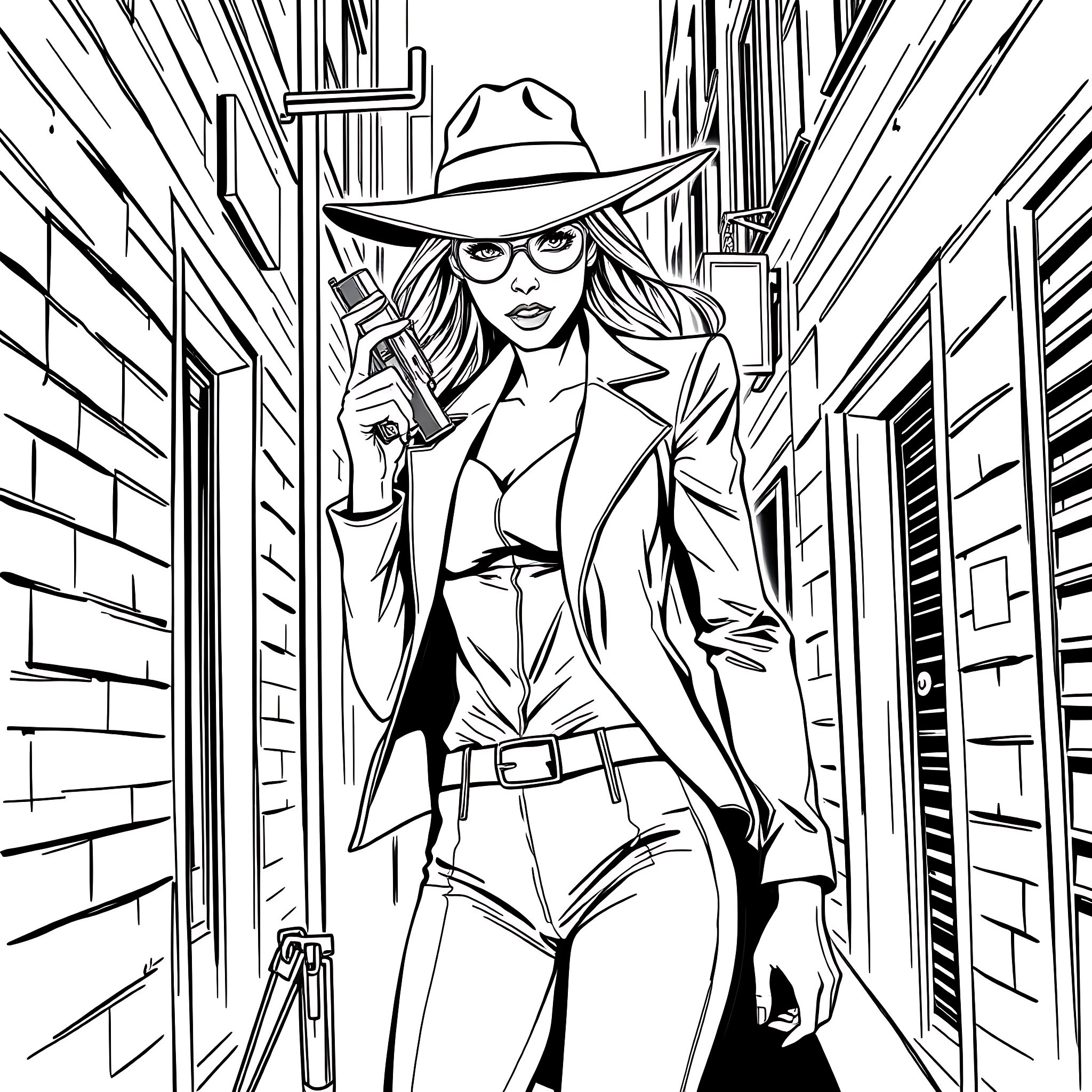 Woman in stylish trenchcoat walking down an alley Coloring Page (free black-and-white line drawing printable PDF for all, from beginners to advanced learners, including children, teens, adults, and seniors)