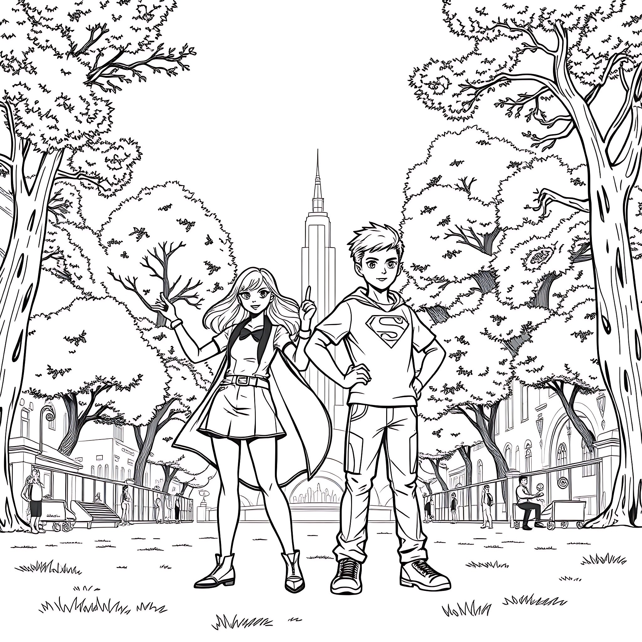 Teen Superhero Duo Save the City Coloring Page (free black-and-white line drawing printable PDF for all, from beginners to advanced learners, including children, teens, adults, and seniors)