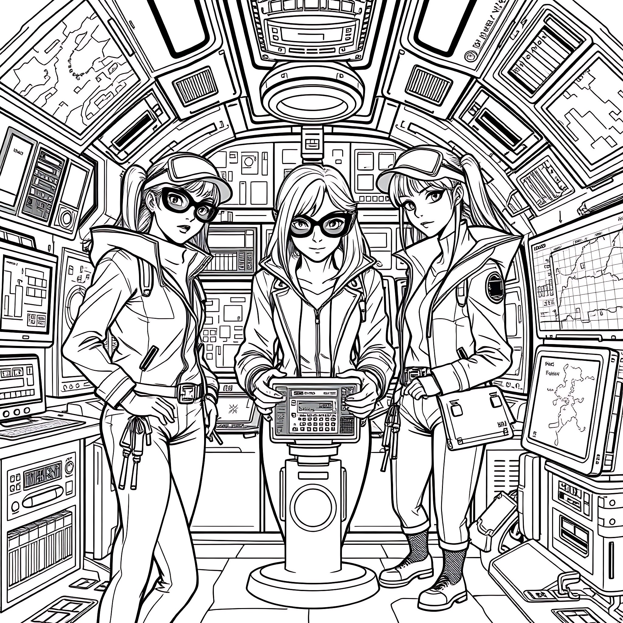 Teen Girl Spy Team on Mission in Futuristic Command Center Coloring Page (free black-and-white line drawing printable PDF for all, from beginners to advanced learners, including children, teens, adults, and seniors)