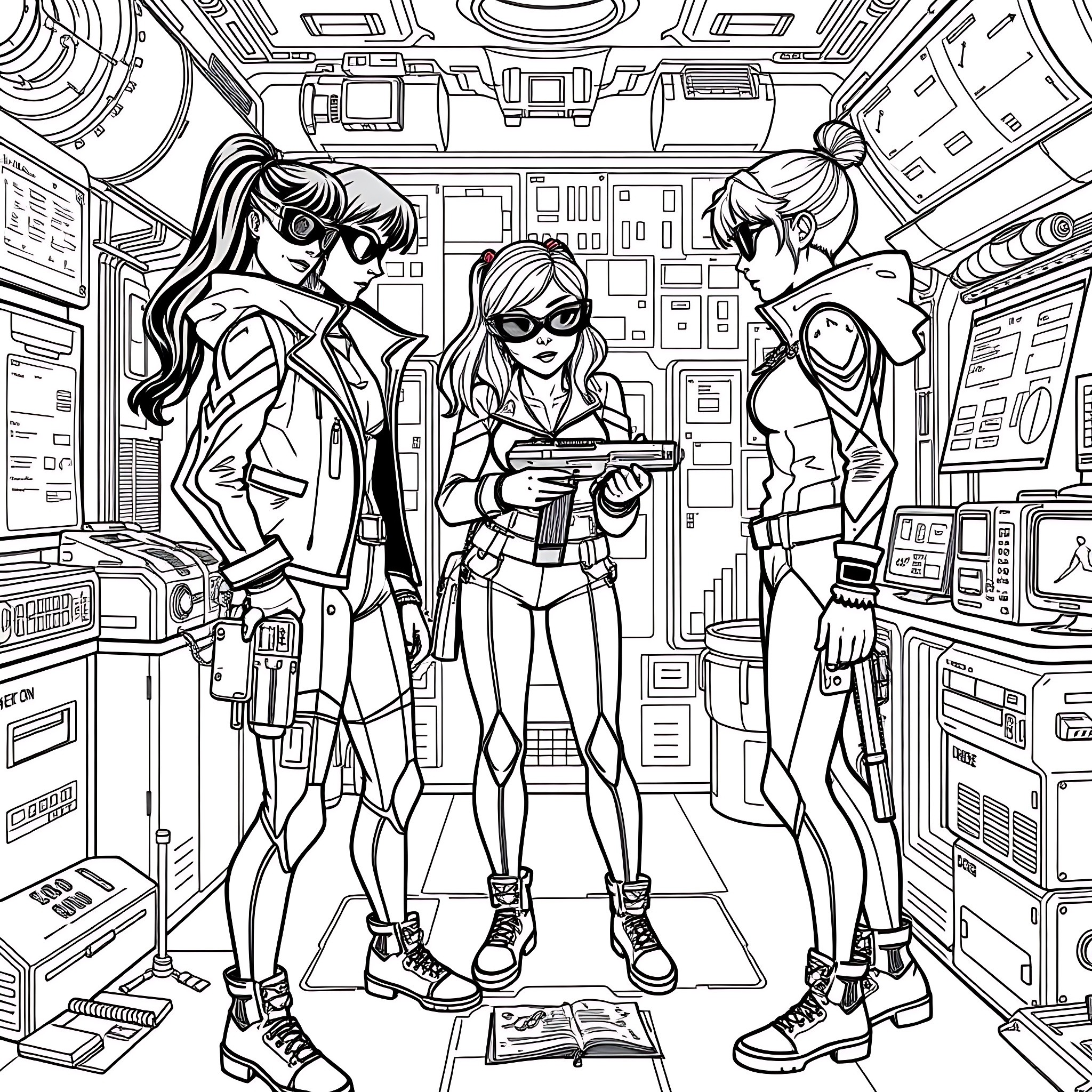 Teen Girl Spy Mission in High-Tech Command Center Coloring Page (free black-and-white line drawing printable PDF for all, from beginners to advanced learners, including children, teens, adults, and seniors)