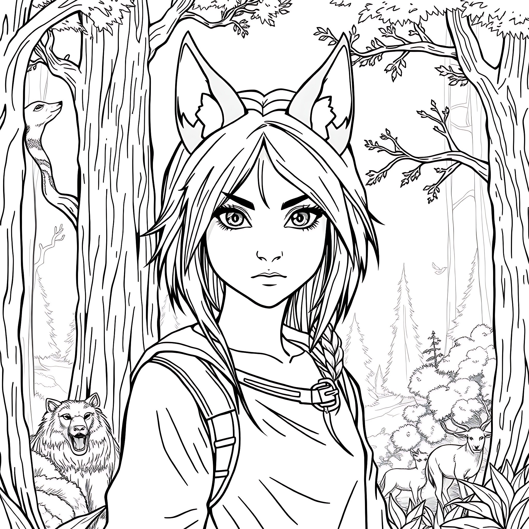 Wolf-eared adventurer exploring enchanted forest Coloring Page (free black-and-white line drawing printable PDF for all, from beginners to advanced learners, including children, teens, adults, and seniors)
