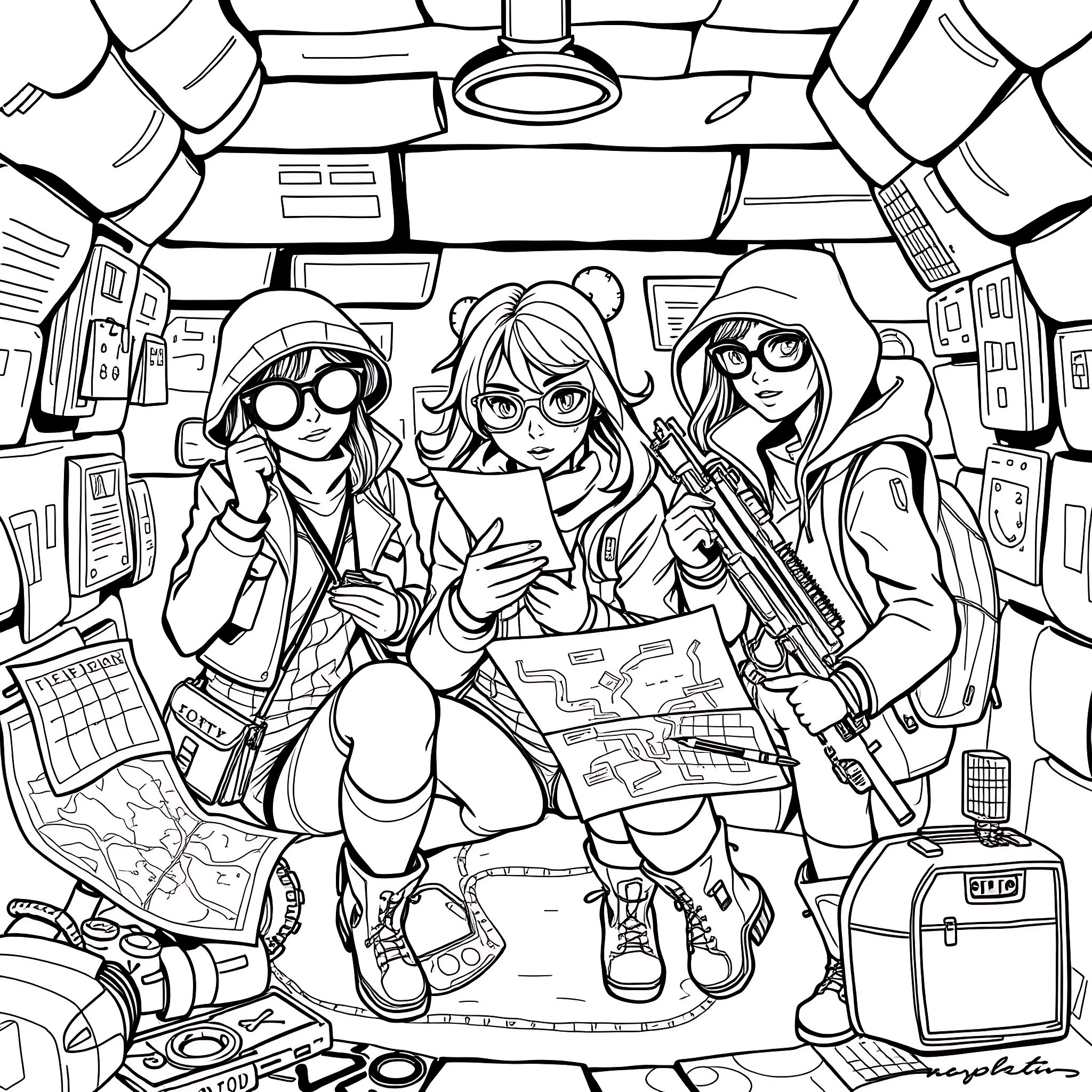 Teen Girl Spy Trio on a Covert Mission Coloring Page (free black-and-white line drawing printable PDF for all, from beginners to advanced learners, including children, teens, adults, and seniors)